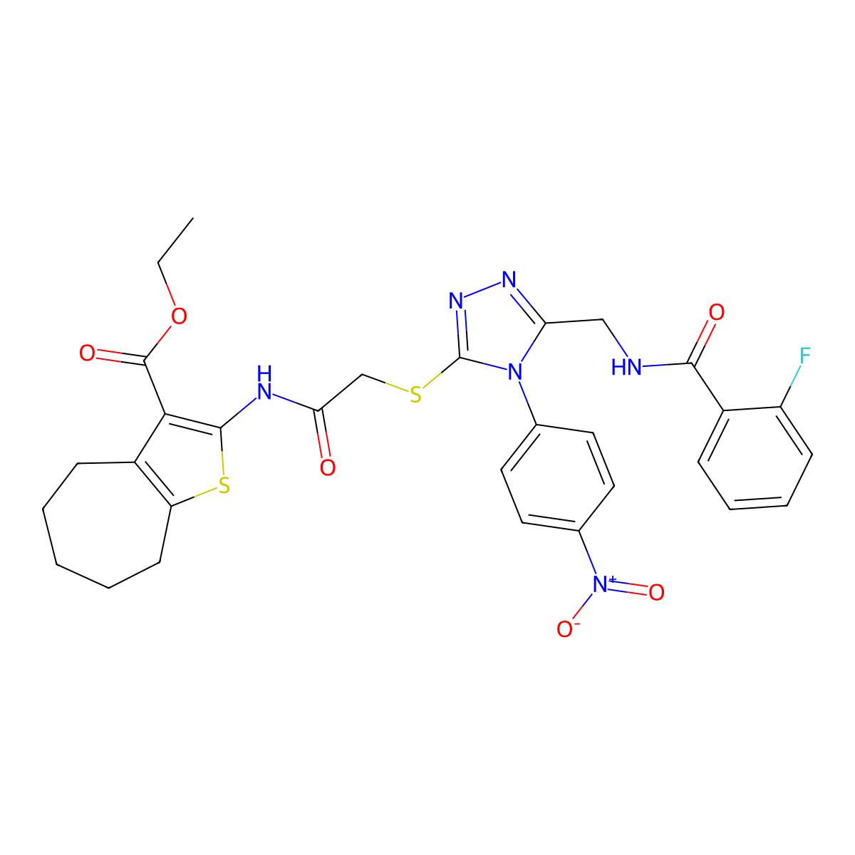 ethyl 2-(2-((5-((2-fluorobenzamido)methyl)-4-(4-nitrophenyl)-4H-1,2,4-triazol-3-yl)thio)acetamido)-5,6,7,8-tetrahydro-4H-cyclohepta[b]thiophene-3-carboxylate molecular structure, CAS 393808-40-7