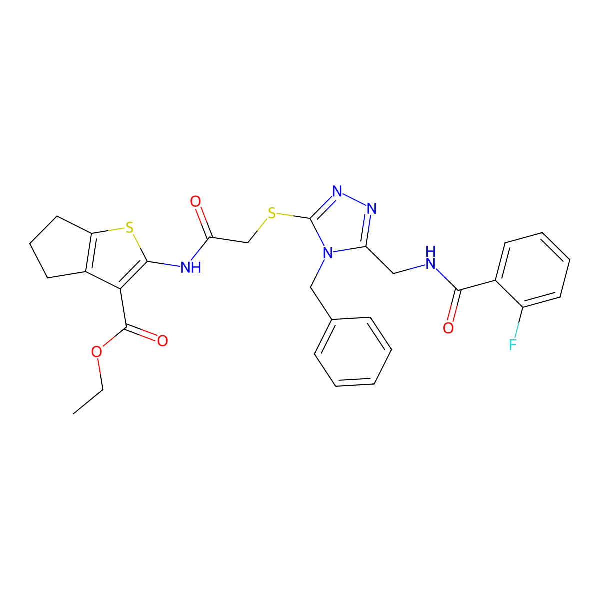 ethyl 2-(2-((4-benzyl-5-((2-fluorobenzamido)methyl)-4H-1,2,4-triazol-3-yl)thio)acetamido)-5,6-dihydro-4H-cyclopenta[b]thiophene-3-carboxylate molecular structure, CAS 393808-43-0