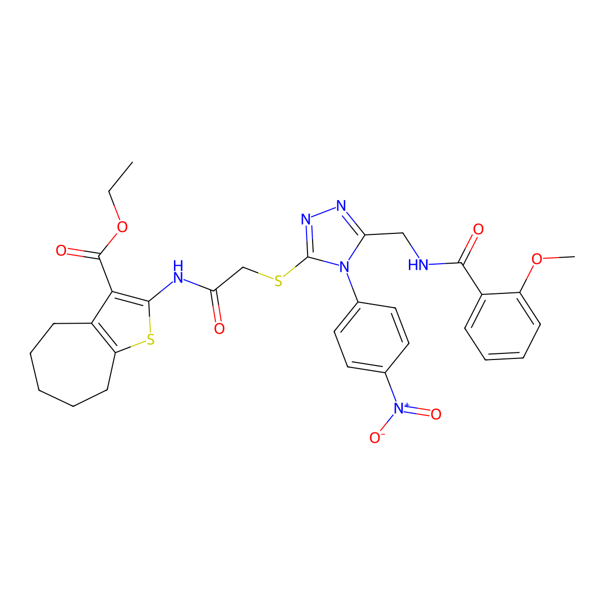 ethyl 2-(2-((5-((2-methoxybenzamido)methyl)-4-(4-nitrophenyl)-4H-1,2,4-triazol-3-yl)thio)acetamido)-5,6,7,8-tetrahydro-4H-cyclohepta[b]thiophene-3-carboxylate molecular structure, CAS 393808-94-1