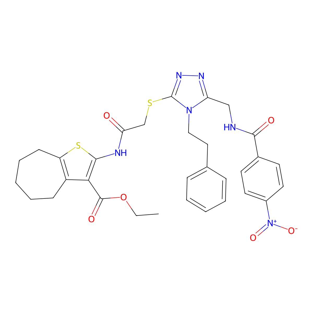 ethyl 2-(2-((5-((4-nitrobenzamido)methyl)-4-phenethyl-4H-1,2,4-triazol-3-yl)thio)acetamido)-5,6,7,8-tetrahydro-4H-cyclohepta[b]thiophene-3-carboxylate molecular structure, CAS 393814-00-1