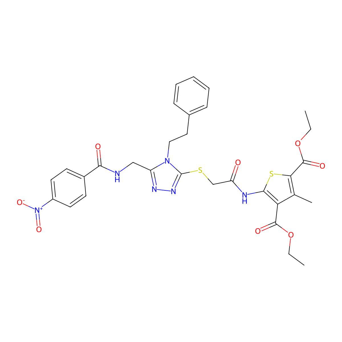 diethyl 3-methyl-5-(2-((5-((4-nitrobenzamido)methyl)-4-phenethyl-4H-1,2,4-triazol-3-yl)thio)acetamido)thiophene-2,4-dicarboxylate molecular structure, CAS 393814-01-2