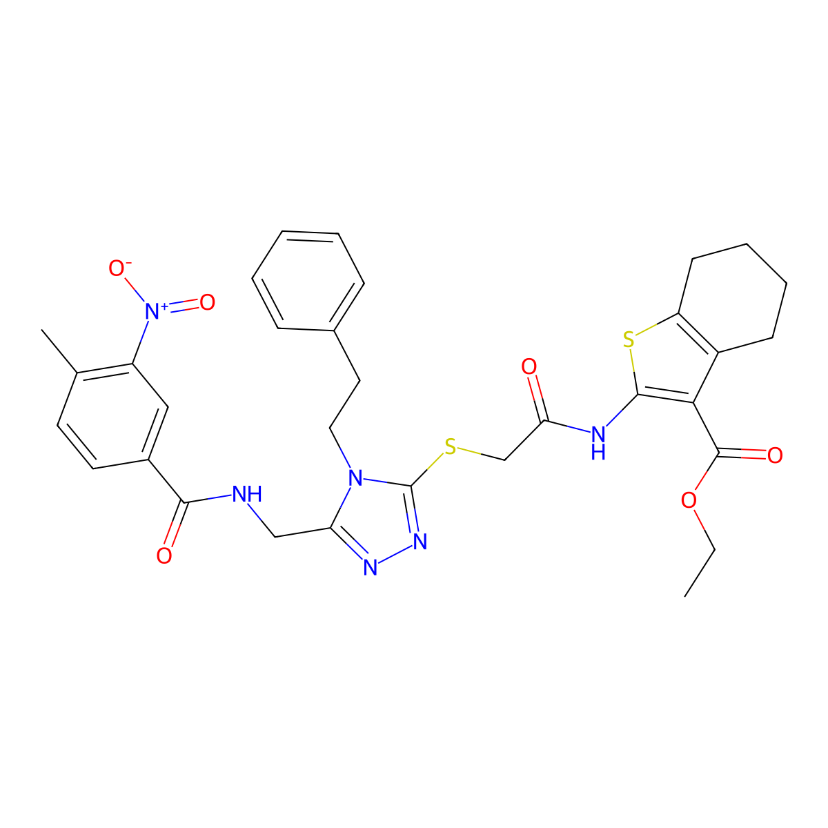 ethyl 2-(2-((5-((4-methyl-3-nitrobenzamido)methyl)-4-phenethyl-4H-1,2,4-triazol-3-yl)thio)acetamido)-4,5,6,7-tetrahydrobenzo[b]thiophene-3-carboxylate molecular structure, CAS 393814-02-3