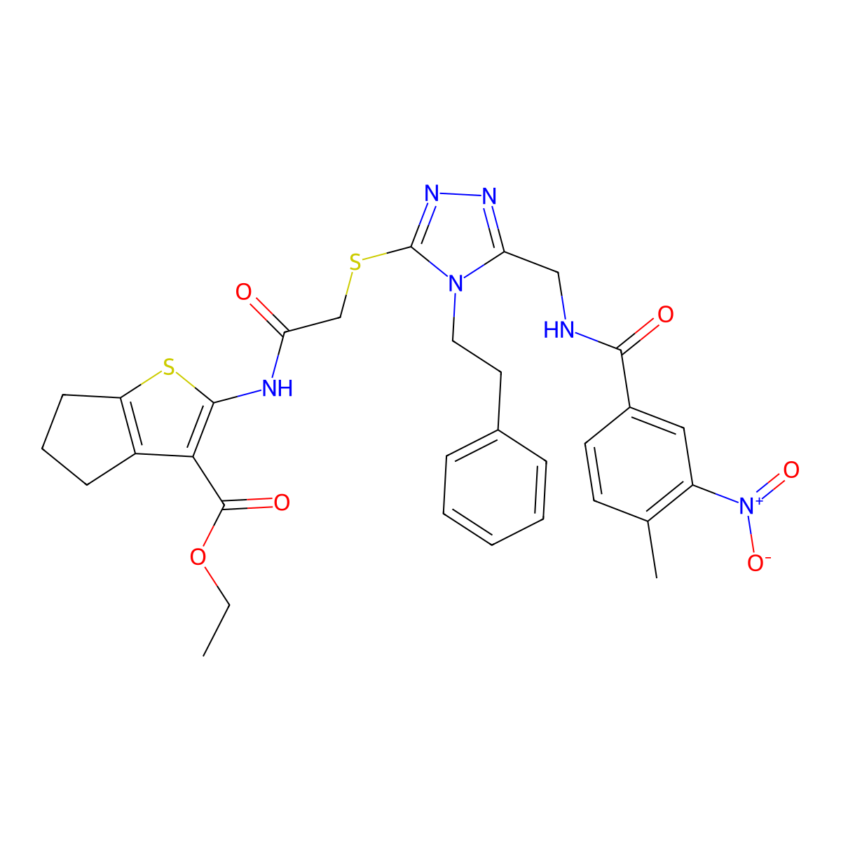 ethyl 2-(2-((5-((4-methyl-3-nitrobenzamido)methyl)-4-phenethyl-4H-1,2,4-triazol-3-yl)thio)acetamido)-5,6-dihydro-4H-cyclopenta[b]thiophene-3-carboxylate molecular structure, CAS 393814-03-4