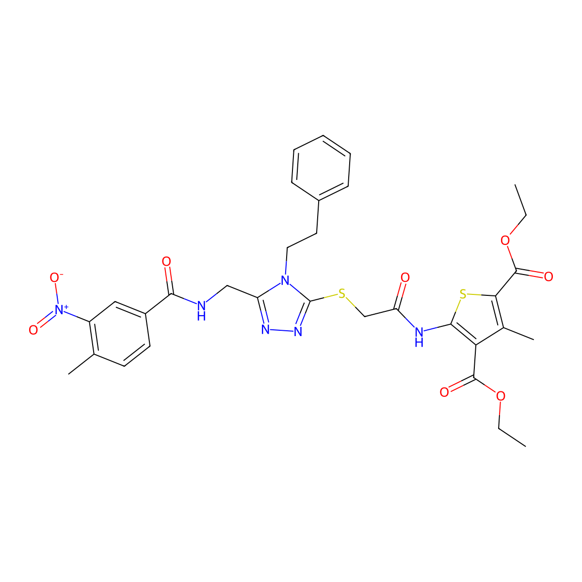 diethyl 3-methyl-5-(2-((5-((4-methyl-3-nitrobenzamido)methyl)-4-phenethyl-4H-1,2,4-triazol-3-yl)thio)acetamido)thiophene-2,4-dicarboxylate molecular structure, CAS 393814-04-5
