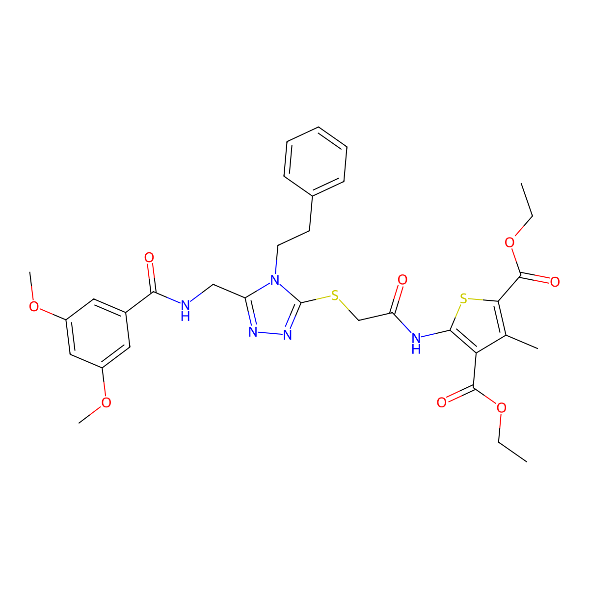 diethyl 5-(2-((5-((3,5-dimethoxybenzamido)methyl)-4-phenethyl-4H-1,2,4-triazol-3-yl)thio)acetamido)-3-methylthiophene-2,4-dicarboxylate molecular structure, CAS 393814-10-3