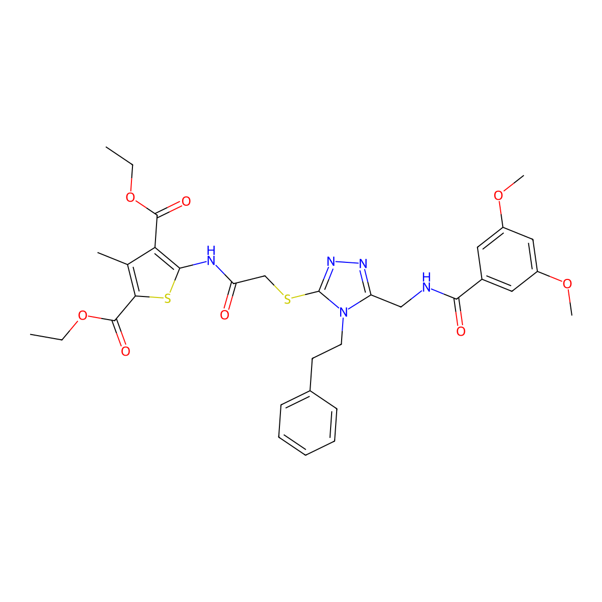 diethyl 5-(2-((5-((3,5-dimethoxybenzamido)methyl)-4-phenethyl-4H-1,2,4-triazol-3-yl)thio)acetamido)-3-methylthiophene-2,4-dicarboxylate molecular structure, CAS 393814-10-3