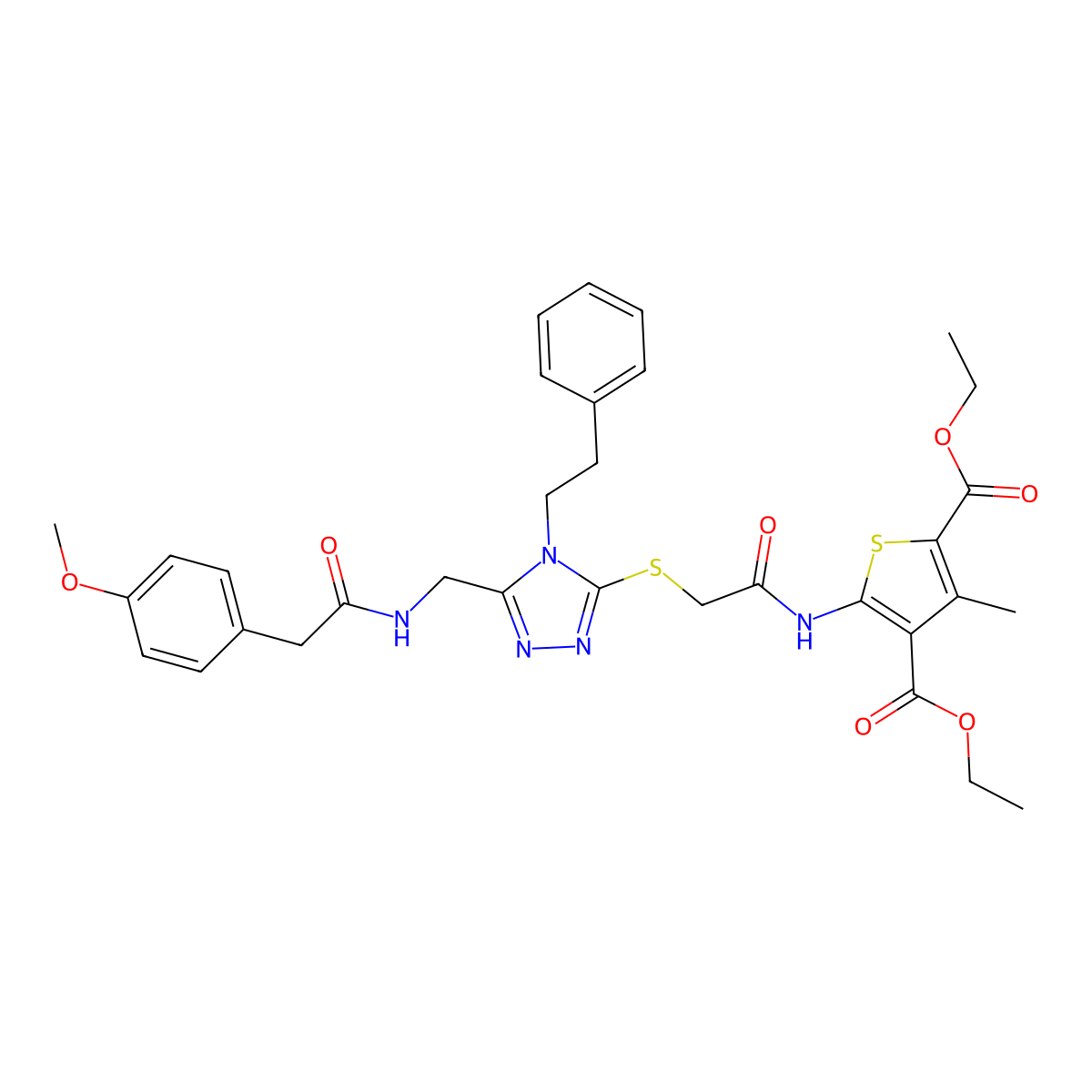 diethyl 5-(2-((5-((2-(4-methoxyphenyl)acetamido)methyl)-4-phenethyl-4H-1,2,4-triazol-3-yl)thio)acetamido)-3-methylthiophene-2,4-dicarboxylate molecular structure, CAS 393814-13-6