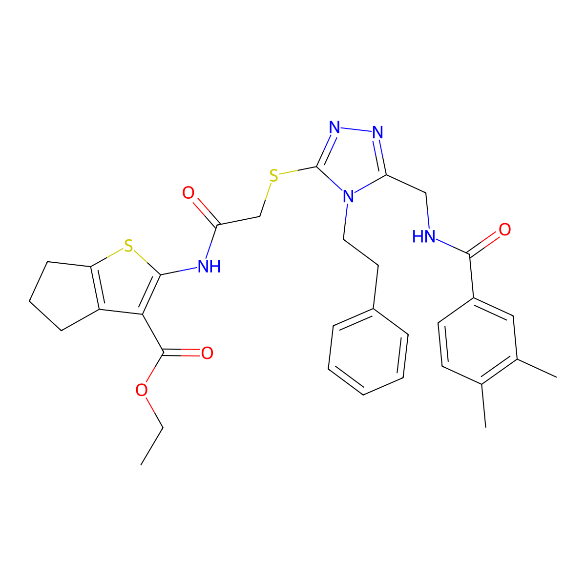 ethyl 2-(2-((5-((3,4-dimethylbenzamido)methyl)-4-phenethyl-4H-1,2,4-triazol-3-yl)thio)acetamido)-5,6-dihydro-4H-cyclopenta[b]thiophene-3-carboxylate molecular structure, CAS 393814-42-1