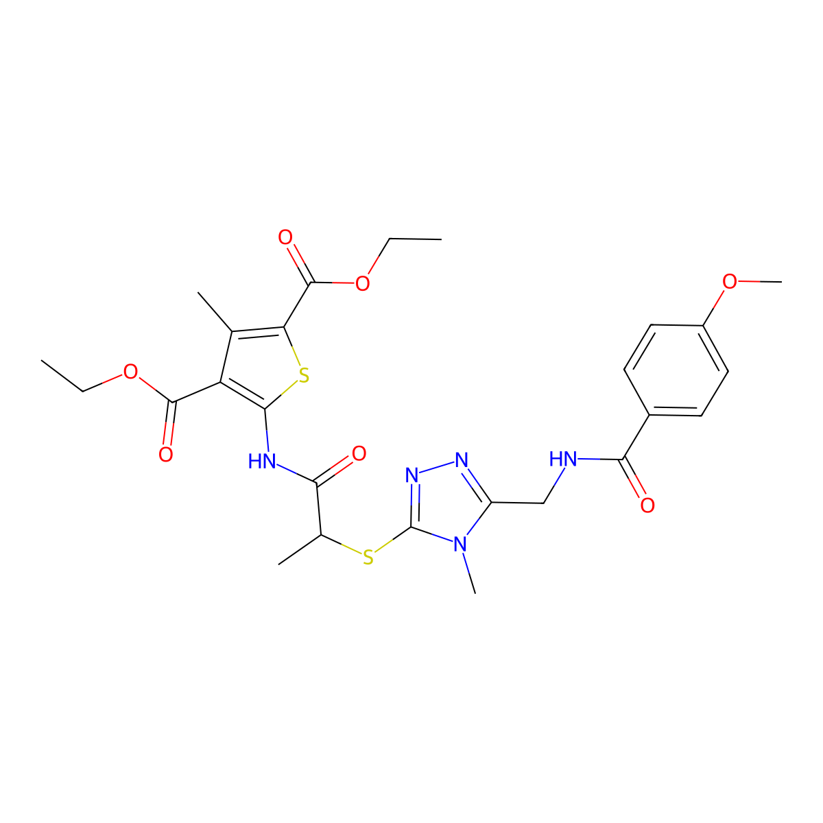 diethyl 5-(2-((5-((4-methoxybenzamido)methyl)-4-methyl-4H-1,2,4-triazol-3-yl)thio)propanamido)-3-methylthiophene-2,4-dicarboxylate molecular structure, CAS 393814-59-0