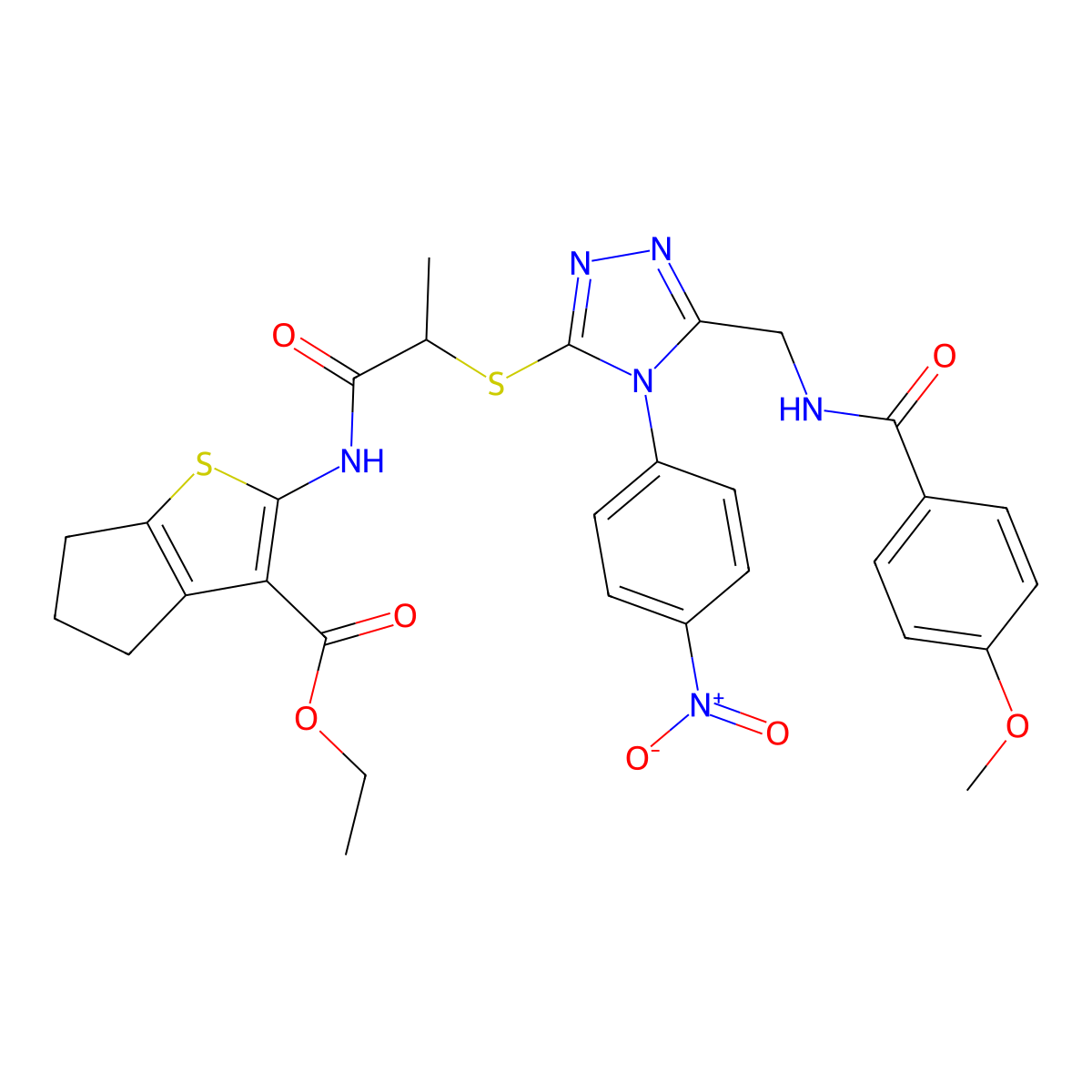 ethyl 2-{2-[(5-{[(4-methoxyphenyl)formamido]methyl}-4-(4-nitrophenyl)-4H-1,2,4-triazol-3-yl)sulfanyl]propanamido}-4H,5H,6H-cyclopenta[b]thiophene-3-carboxylate molecular structure, CAS 393814-65-8