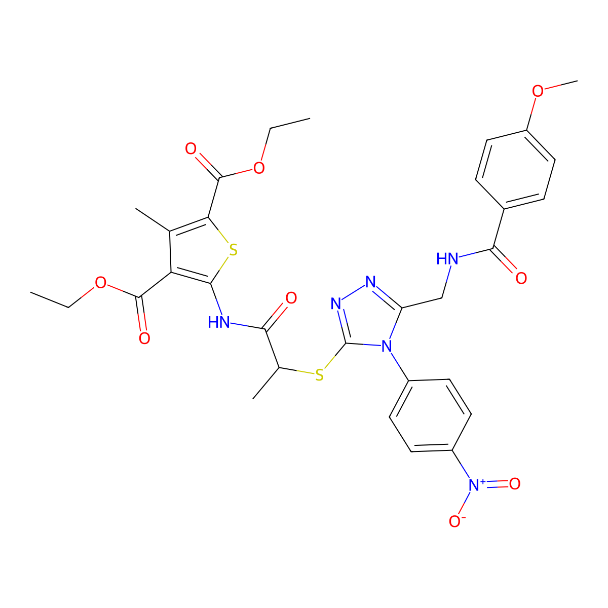 Diethyl 5-[2-[[5-[[(4-methoxybenzoyl)amino]methyl]-4-(4-nitrophenyl)-1,2,4-triazol-3-yl]sulfanyl]propanoylamino]-3-methylthiophene-2,4-dicarboxylate molecular structure, CAS 393814-66-9