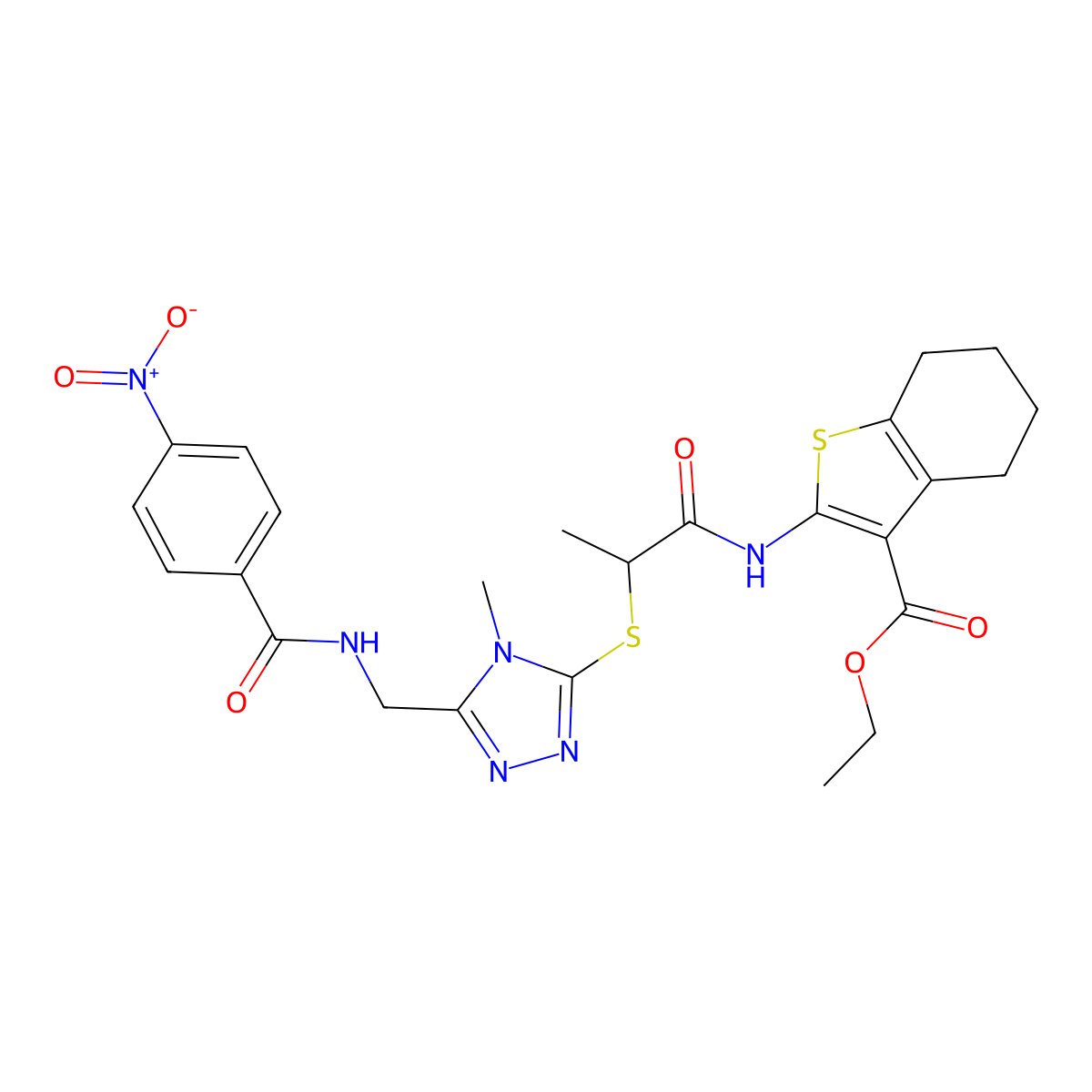 Ethyl 2-[2-[[4-methyl-5-[[(4-nitrobenzoyl)amino]methyl]-1,2,4-triazol-3-yl]sulfanyl]propanoylamino]-4,5,6,7-tetrahydro-1-benzothiophene-3-carboxylate molecular structure, CAS 393814-82-9