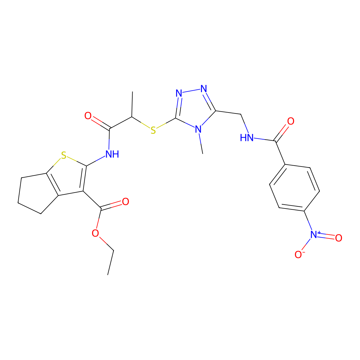ethyl 2-{2-[(4-methyl-5-{[(4-nitrophenyl)formamido]methyl}-4H-1,2,4-triazol-3-yl)sulfanyl]propanamido}-4H,5H,6H-cyclopenta[b]thiophene-3-carboxylate molecular structure, CAS 393814-83-0