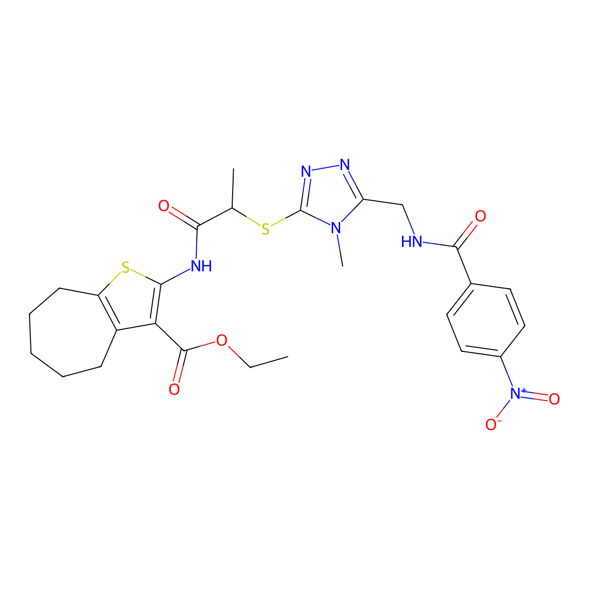 ethyl 2-(2-((4-methyl-5-((4-nitrobenzamido)methyl)-4H-1,2,4-triazol-3-yl)thio)propanamido)-5,6,7,8-tetrahydro-4H-cyclohepta[b]thiophene-3-carboxylate molecular structure, CAS 393814-84-1