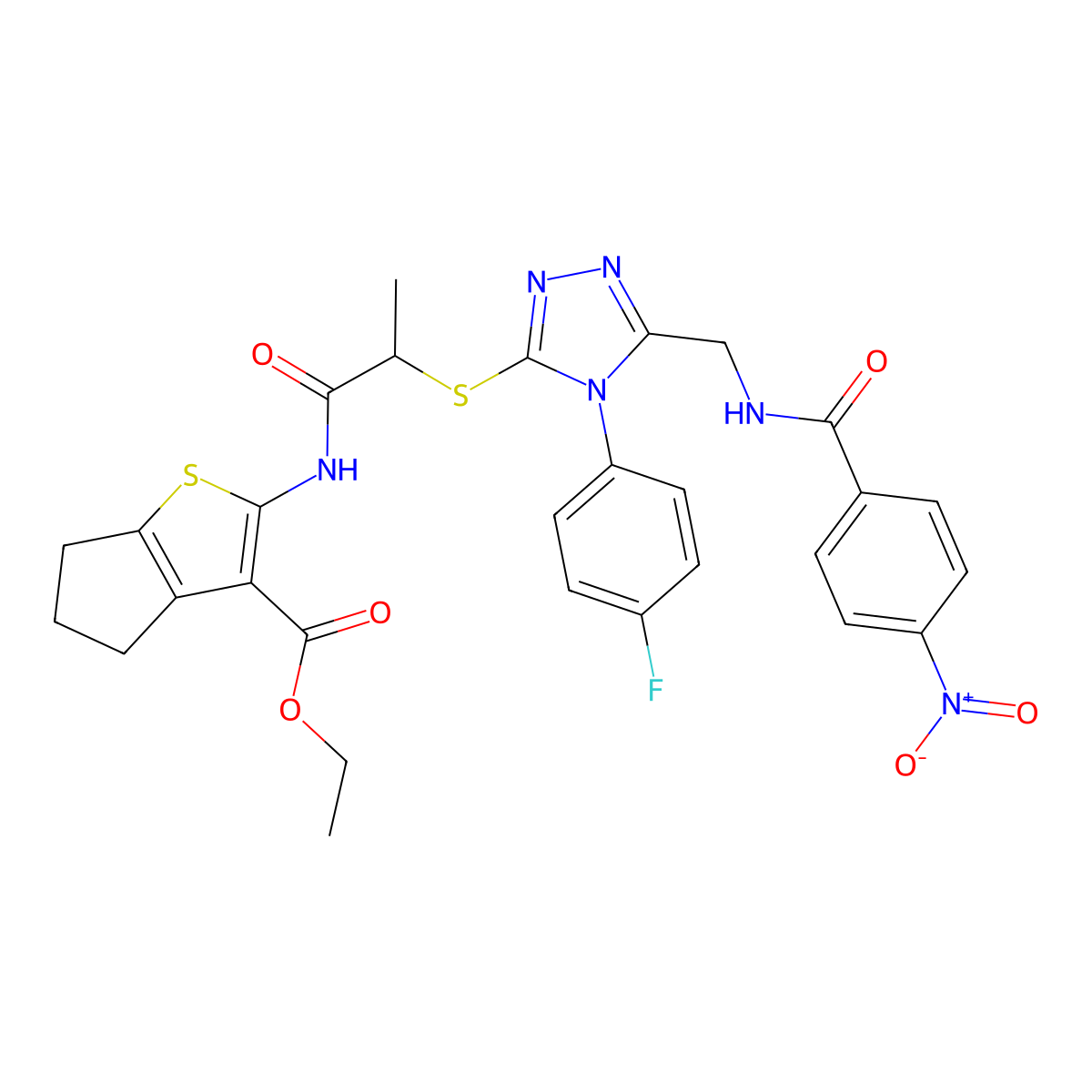 ethyl 2-(2-{[4-(4-fluorophenyl)-5-{[(4-nitrophenyl)formamido]methyl}-4H-1,2,4-triazol-3-yl]sulfanyl}propanamido)-4H,5H,6H-cyclopenta[b]thiophene-3-carboxylate molecular structure, CAS 393814-87-4