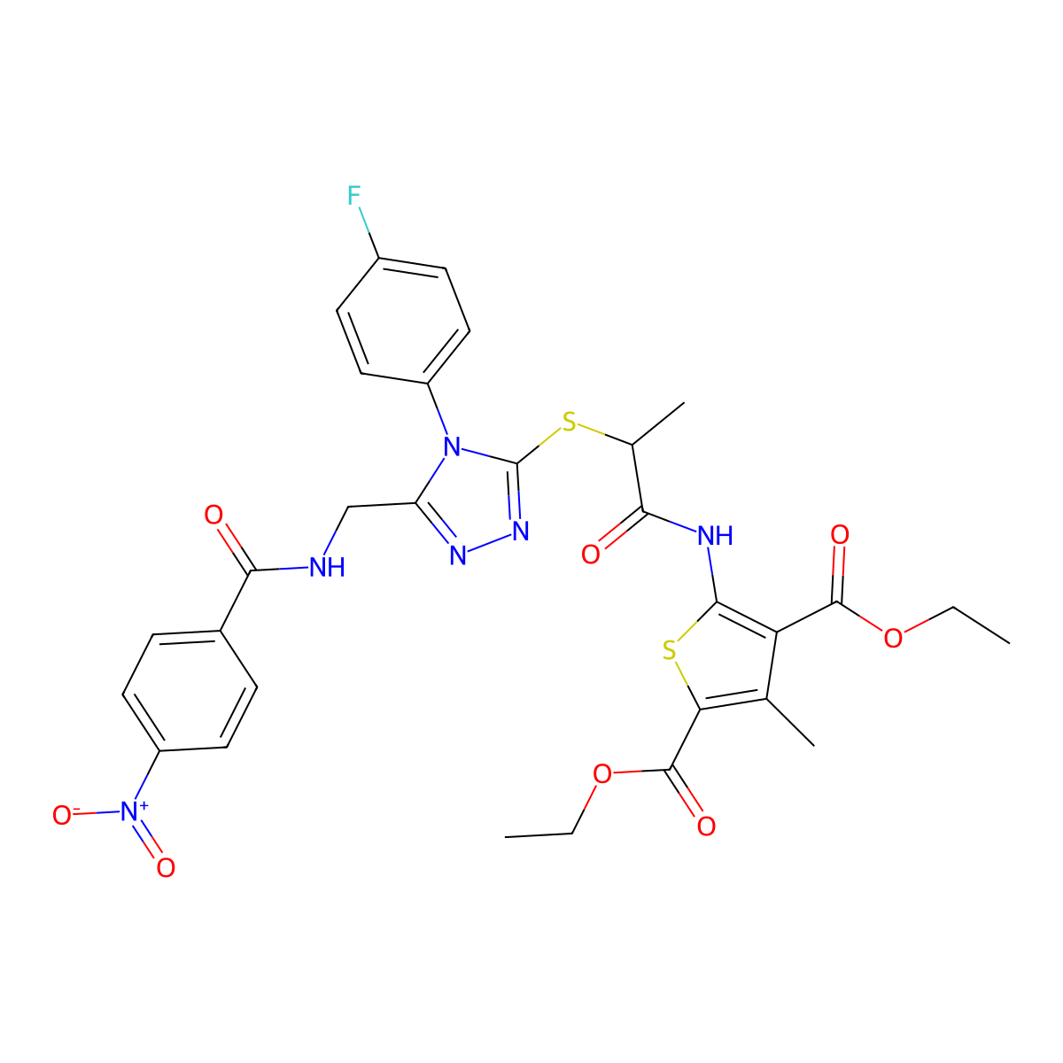 Diethyl 5-[2-[[4-(4-fluorophenyl)-5-[[(4-nitrobenzoyl)amino]methyl]-1,2,4-triazol-3-yl]sulfanyl]propanoylamino]-3-methylthiophene-2,4-dicarboxylate molecular structure, CAS 393814-88-5