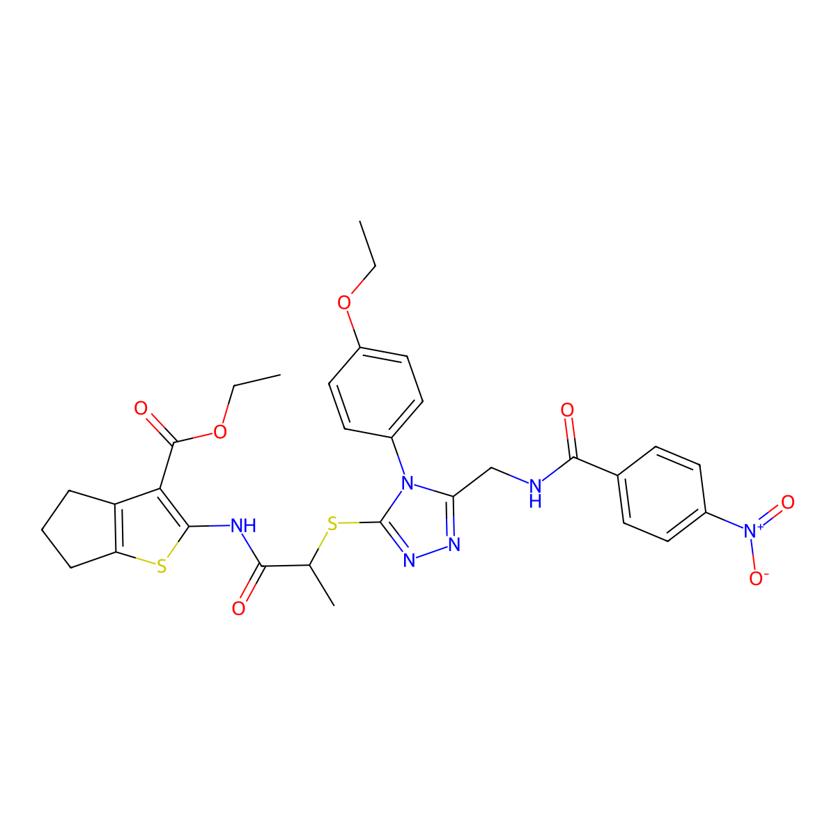 ethyl 2-[2-[[4-(4-ethoxyphenyl)-5-[[(4-nitrobenzoyl)amino]methyl]-1,2,4-triazol-3-yl]sulfanyl]propanoylamino]-5,6-dihydro-4H-cyclopenta[b]thiophene-3-carboxylate molecular structure, CAS 393814-89-6
