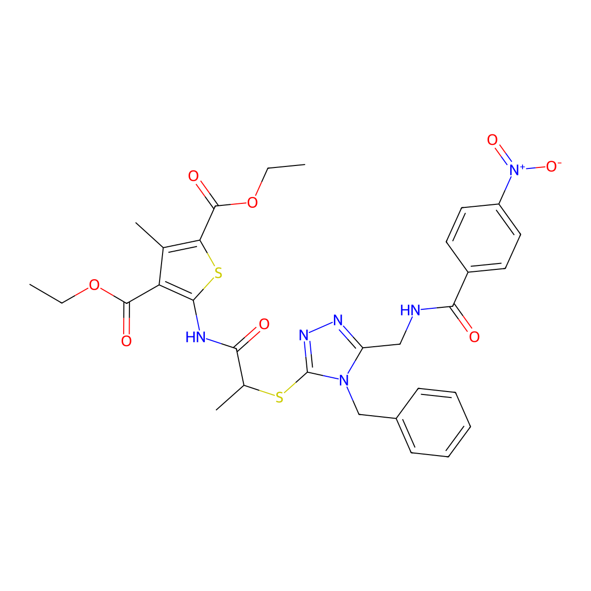 Diethyl 5-[2-[[4-benzyl-5-[[(4-nitrobenzoyl)amino]methyl]-1,2,4-triazol-3-yl]sulfanyl]propanoylamino]-3-methylthiophene-2,4-dicarboxylate molecular structure, CAS 393814-93-2