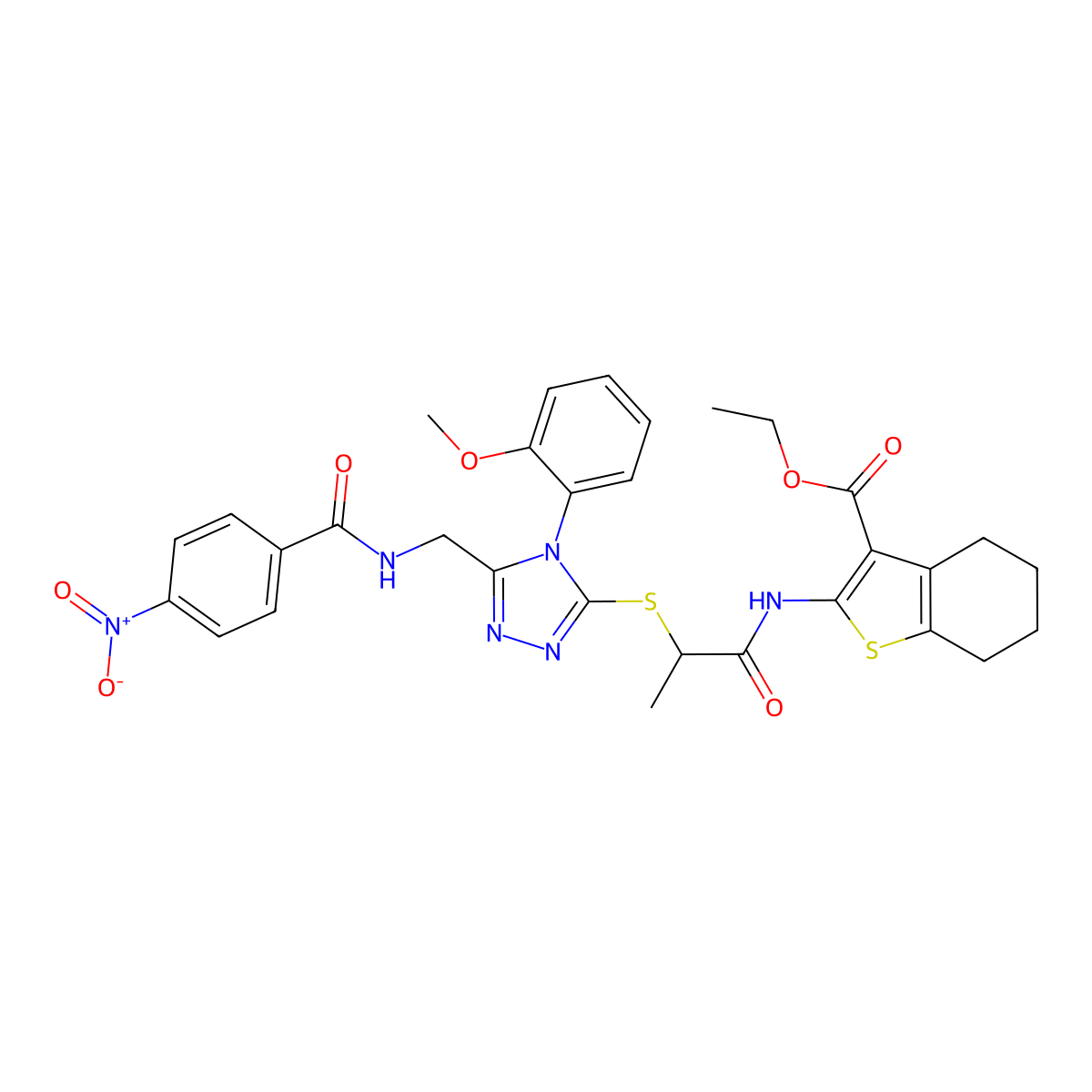 ethyl 2-(2-{[4-(2-methoxyphenyl)-5-{[(4-nitrophenyl)formamido]methyl}-4H-1,2,4-triazol-3-yl]sulfanyl}propanamido)-4,5,6,7-tetrahydro-1-benzothiophene-3-carboxylate molecular structure, CAS 393814-94-3