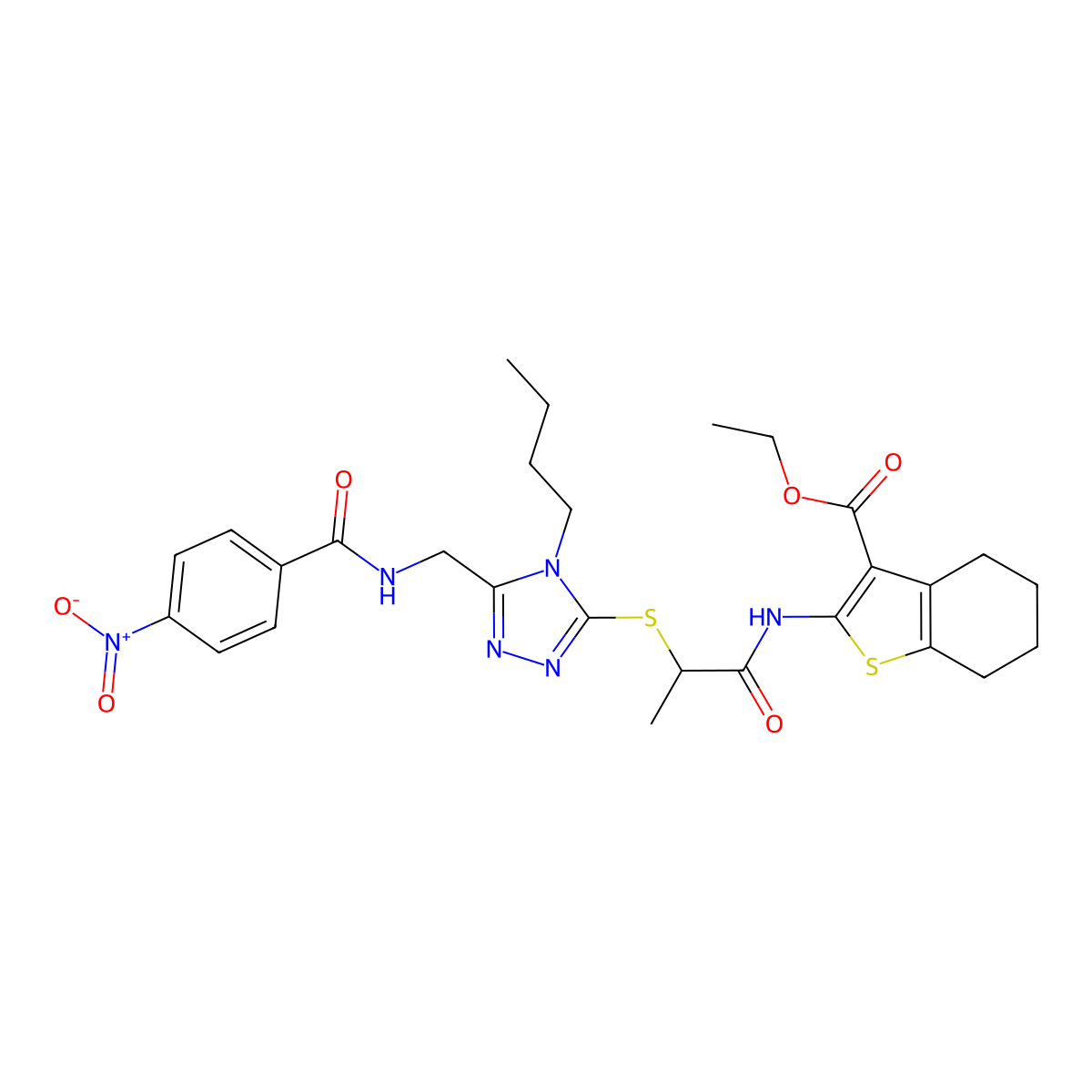 ethyl 2-(2-((4-butyl-5-((4-nitrobenzamido)methyl)-4H-1,2,4-triazol-3-yl)thio)propanamido)-4,5,6,7-tetrahydrobenzo[b]thiophene-3-carboxylate molecular structure, CAS 393814-97-6