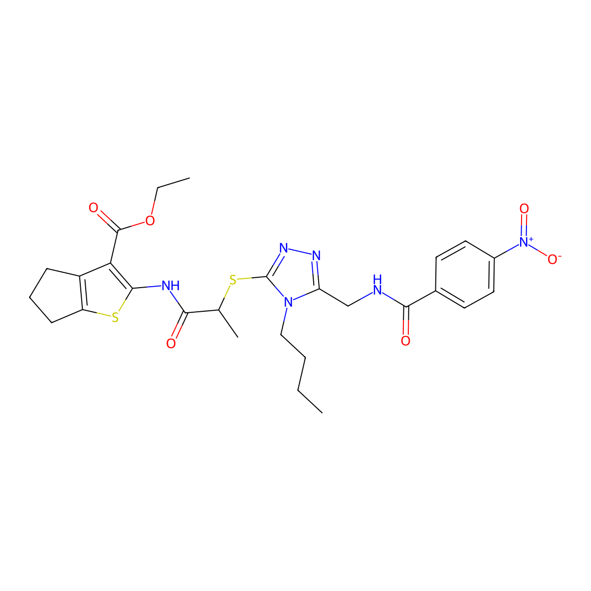 ethyl 2-(2-((4-butyl-5-((4-nitrobenzamido)methyl)-4H-1,2,4-triazol-3-yl)thio)propanamido)-5,6-dihydro-4H-cyclopenta[b]thiophene-3-carboxylate molecular structure, CAS 393814-98-7