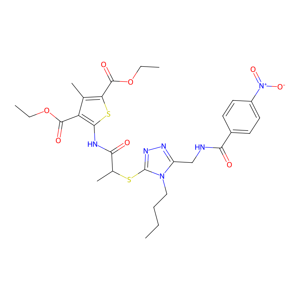 diethyl 5-(2-((4-butyl-5-((4-nitrobenzamido)methyl)-4H-1,2,4-triazol-3-yl)thio)propanamido)-3-methylthiophene-2,4-dicarboxylate molecular structure, CAS 393814-99-8