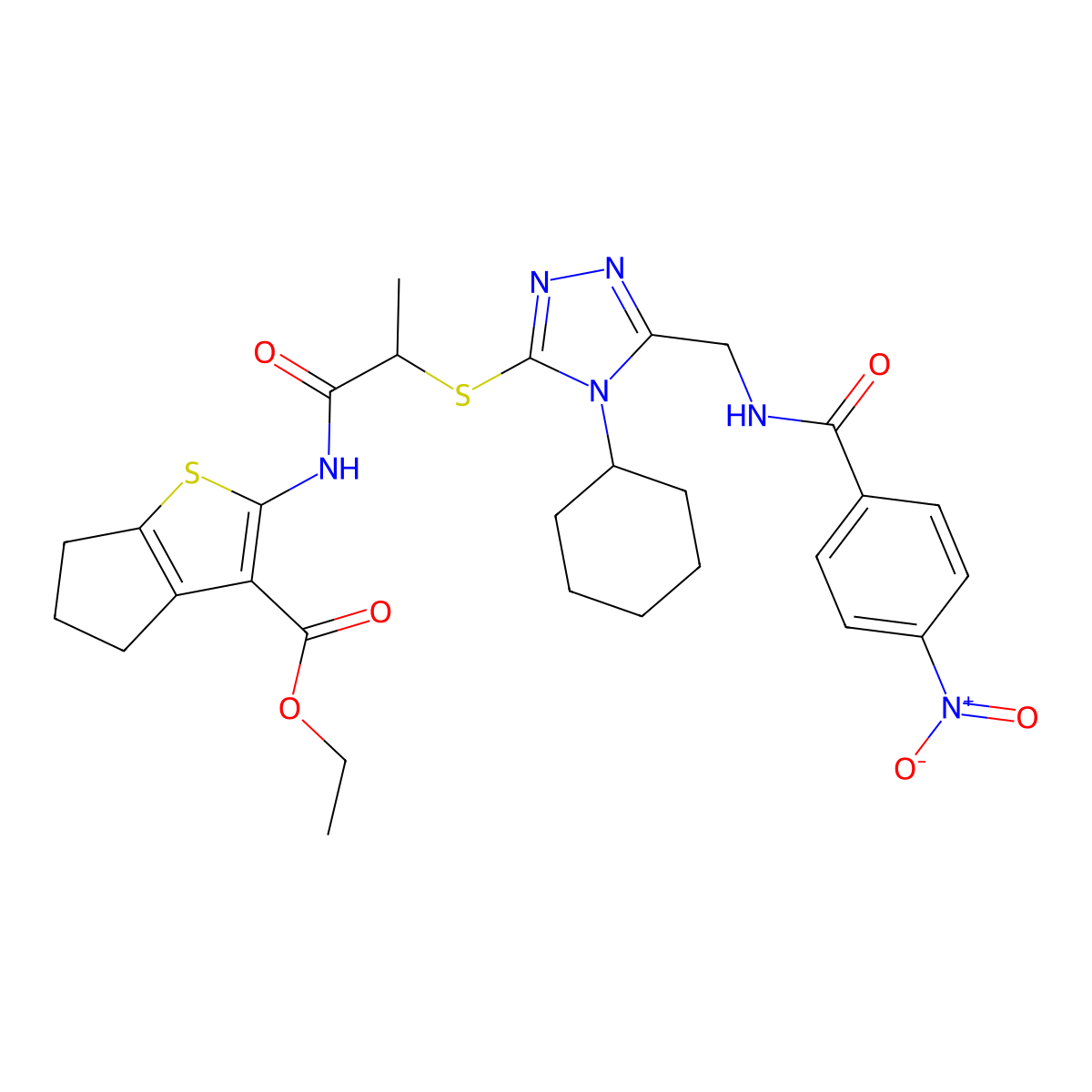 ethyl 2-(2-((4-cyclohexyl-5-((4-nitrobenzamido)methyl)-4H-1,2,4-triazol-3-yl)thio)propanamido)-5,6-dihydro-4H-cyclopenta[b]thiophene-3-carboxylate molecular structure, CAS 393815-00-4