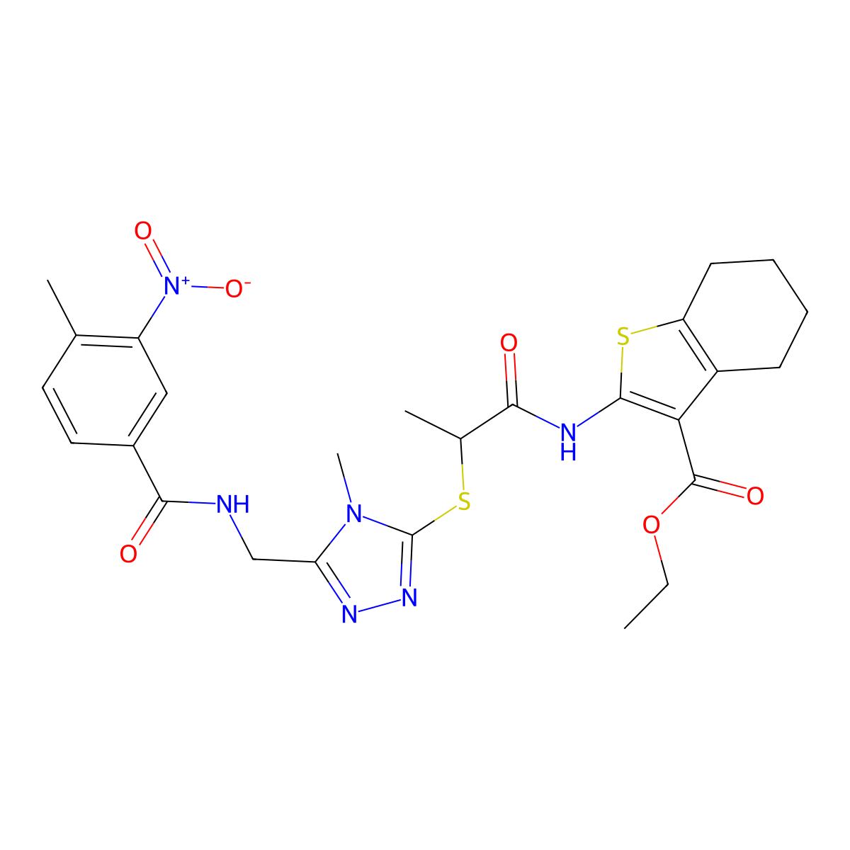 ethyl 2-(2-((4-methyl-5-((4-methyl-3-nitrobenzamido)methyl)-4H-1,2,4-triazol-3-yl)thio)propanamido)-4,5,6,7-tetrahydrobenzo[b]thiophene-3-carboxylate molecular structure, CAS 393815-11-7