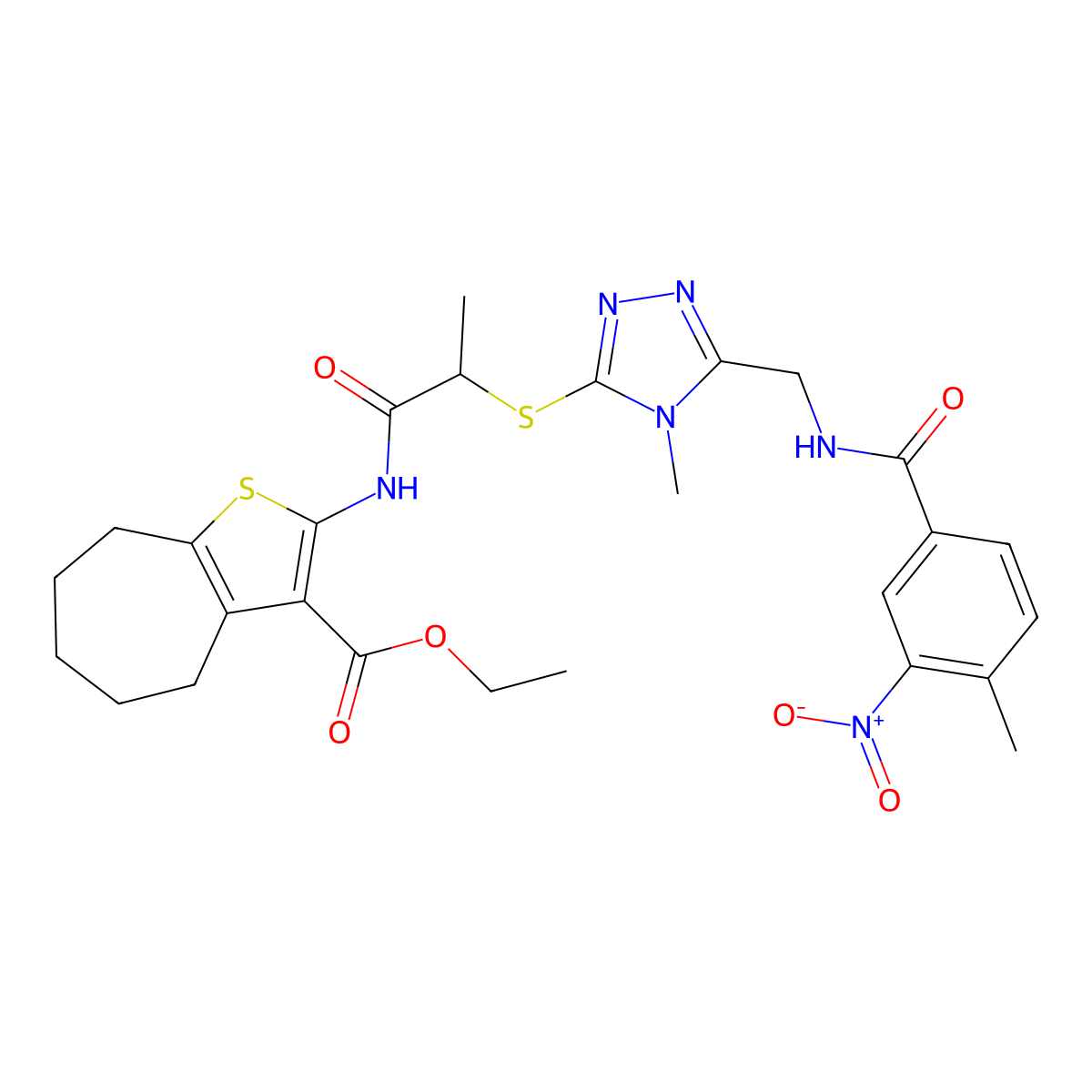 ethyl 2-[2-[[4-methyl-5-[[(4-methyl-3-nitrobenzoyl)amino]methyl]-1,2,4-triazol-3-yl]sulfanyl]propanoylamino]-5,6,7,8-tetrahydro-4H-cyclohepta[b]thiophene-3-carboxylate molecular structure, CAS 393815-13-9