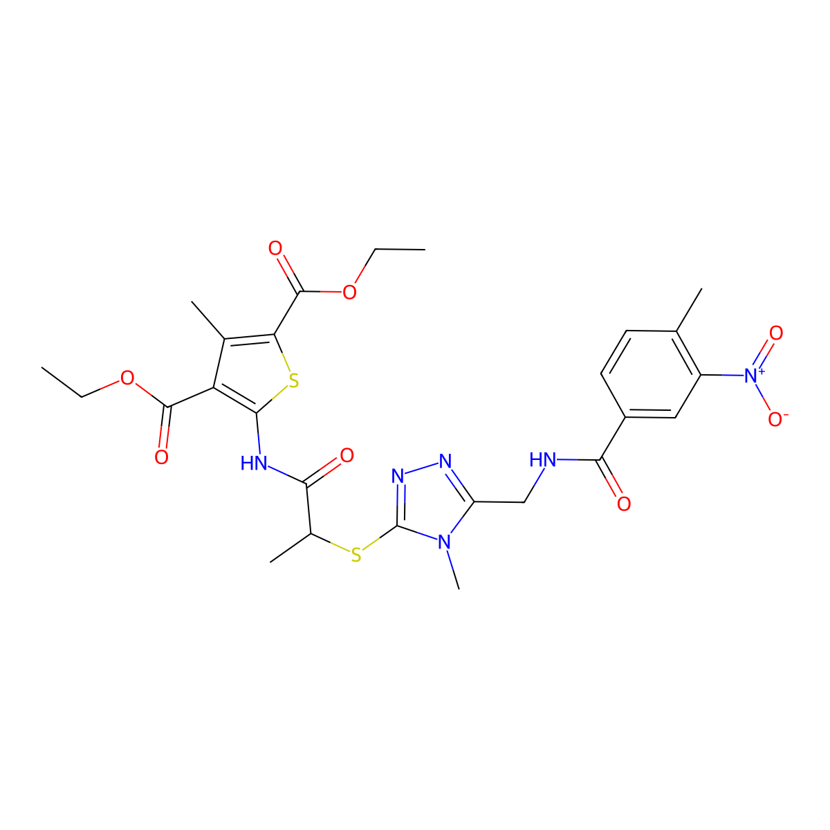Diethyl 3-methyl-5-[2-[[4-methyl-5-[[(4-methyl-3-nitrobenzoyl)amino]methyl]-1,2,4-triazol-3-yl]sulfanyl]propanoylamino]thiophene-2,4-dicarboxylate molecular structure, CAS 393815-14-0