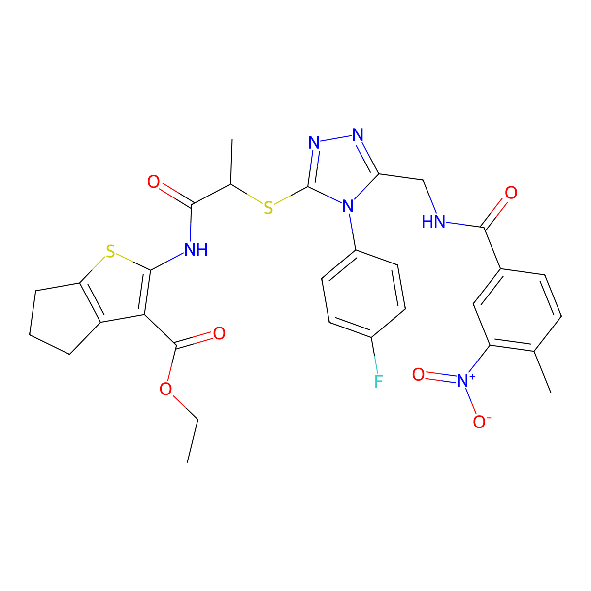ethyl 2-(2-((4-(4-fluorophenyl)-5-((4-methyl-3-nitrobenzamido)methyl)-4H-1,2,4-triazol-3-yl)thio)propanamido)-5,6-dihydro-4H-cyclopenta[b]thiophene-3-carboxylate molecular structure, CAS 393815-15-1
