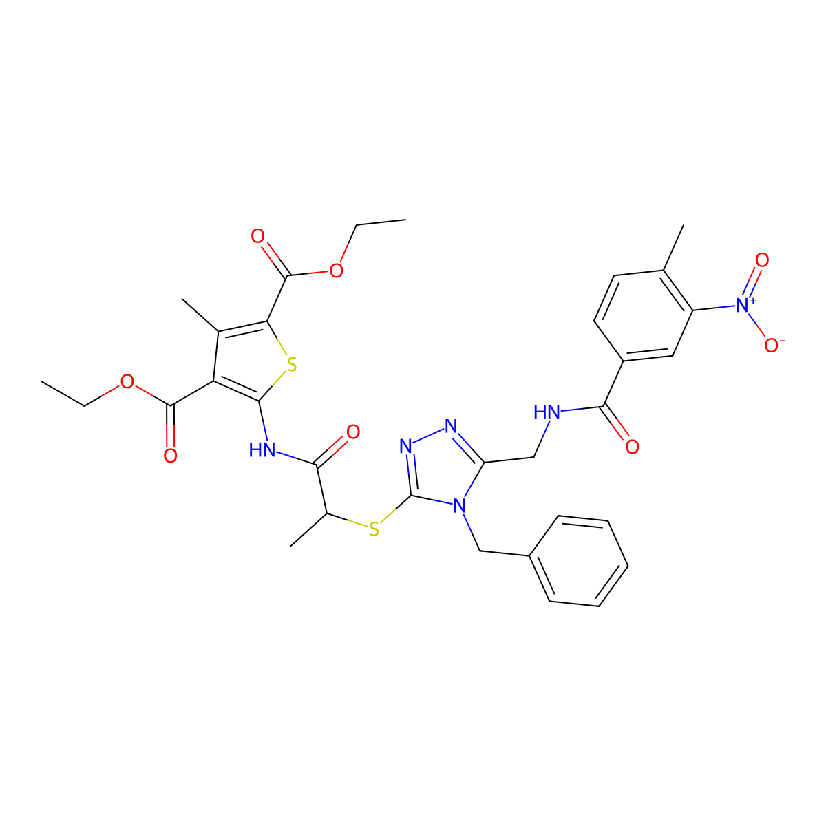 Diethyl 5-[2-[[4-benzyl-5-[[(4-methyl-3-nitrobenzoyl)amino]methyl]-1,2,4-triazol-3-yl]sulfanyl]propanoylamino]-3-methylthiophene-2,4-dicarboxylate molecular structure, CAS 393815-19-5