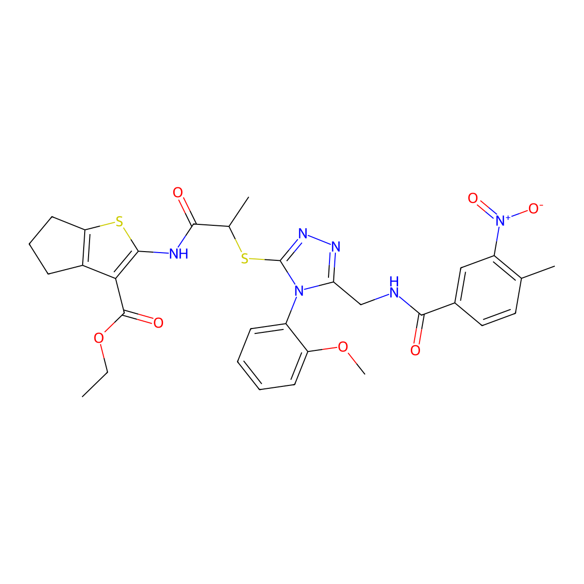 ethyl 2-(2-((4-(2-methoxyphenyl)-5-((4-methyl-3-nitrobenzamido)methyl)-4H-1,2,4-triazol-3-yl)thio)propanamido)-5,6-dihydro-4H-cyclopenta[b]thiophene-3-carboxylate molecular structure, CAS 393815-21-9