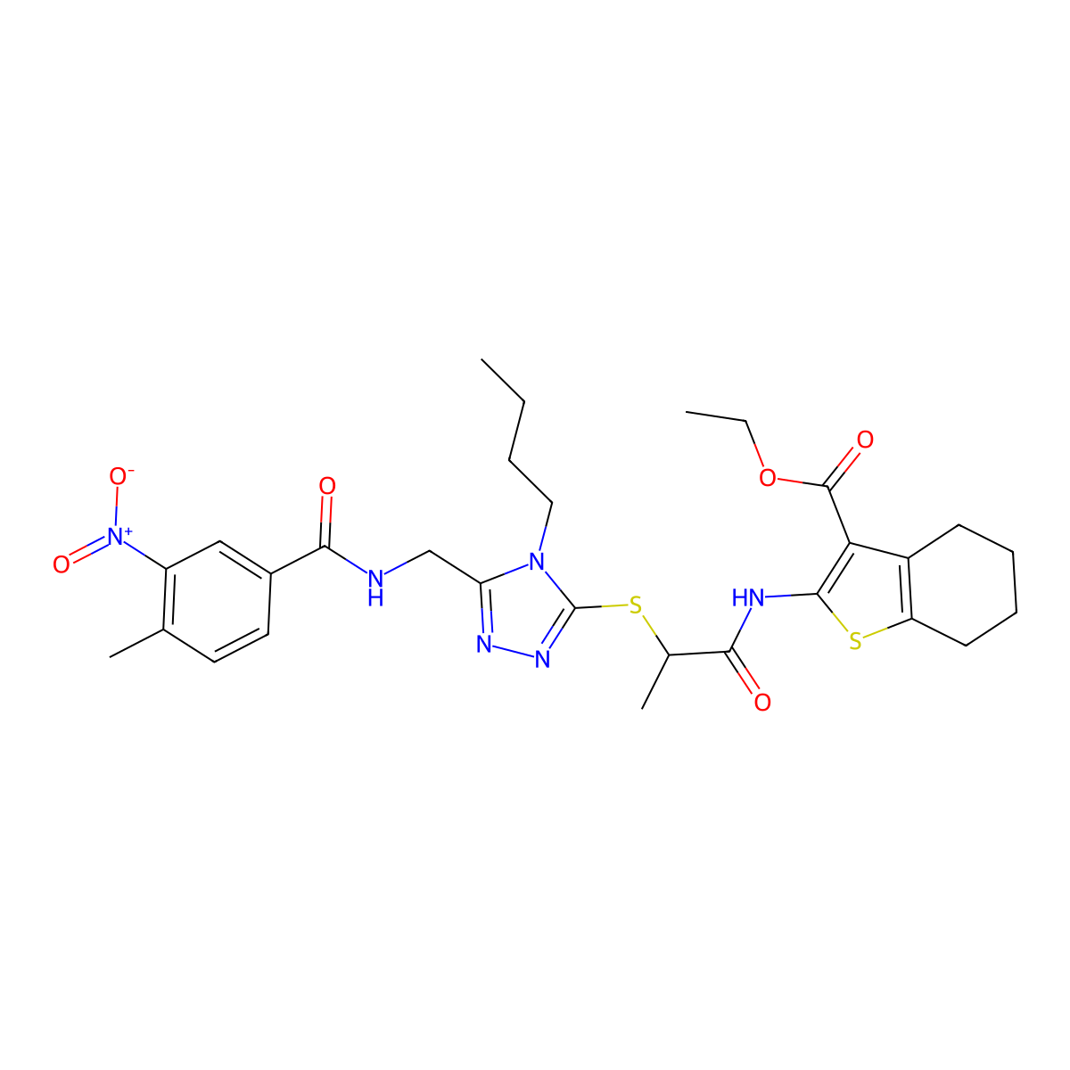 ethyl 2-(2-((4-butyl-5-((4-methyl-3-nitrobenzamido)methyl)-4H-1,2,4-triazol-3-yl)thio)propanamido)-4,5,6,7-tetrahydrobenzo[b]thiophene-3-carboxylate molecular structure, CAS 393815-22-0