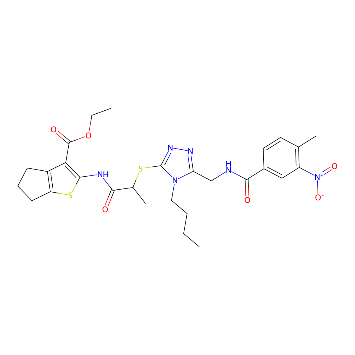 ethyl 2-{2-[(4-butyl-5-{[(4-methyl-3-nitrophenyl)formamido]methyl}-4H-1,2,4-triazol-3-yl)sulfanyl]propanamido}-4H,5H,6H-cyclopenta[b]thiophene-3-carboxylate molecular structure, CAS 393815-23-1