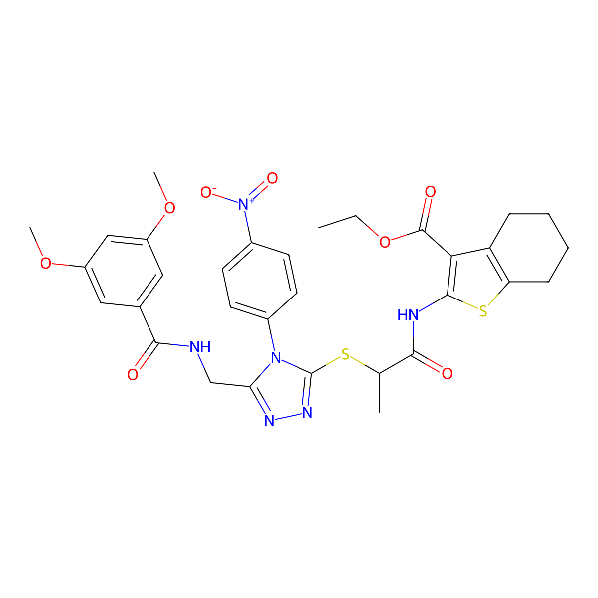 ethyl 2-(2-((5-((3,5-dimethoxybenzamido)methyl)-4-(4-nitrophenyl)-4H-1,2,4-triazol-3-yl)thio)propanamido)-4,5,6,7-tetrahydrobenzo[b]thiophene-3-carboxylate molecular structure, CAS 393815-39-9