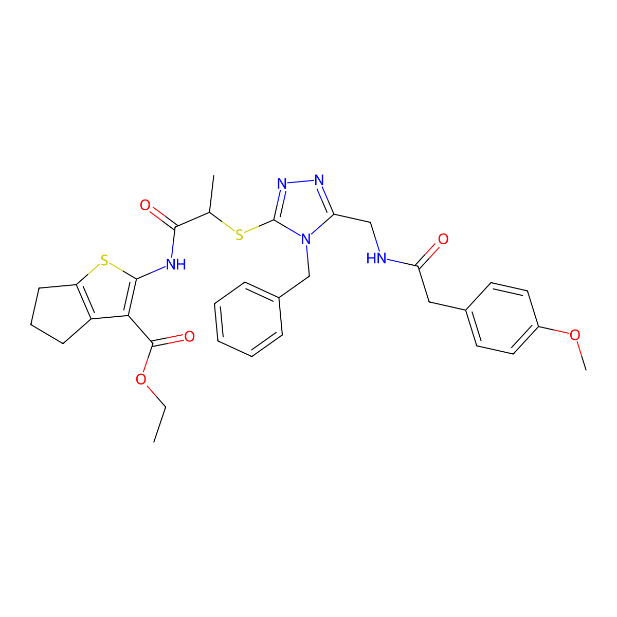ethyl 2-(2-((4-benzyl-5-((2-(4-methoxyphenyl)acetamido)methyl)-4H-1,2,4-triazol-3-yl)thio)propanamido)-5,6-dihydro-4H-cyclopenta[b]thiophene-3-carboxylate molecular structure, CAS 393815-62-8