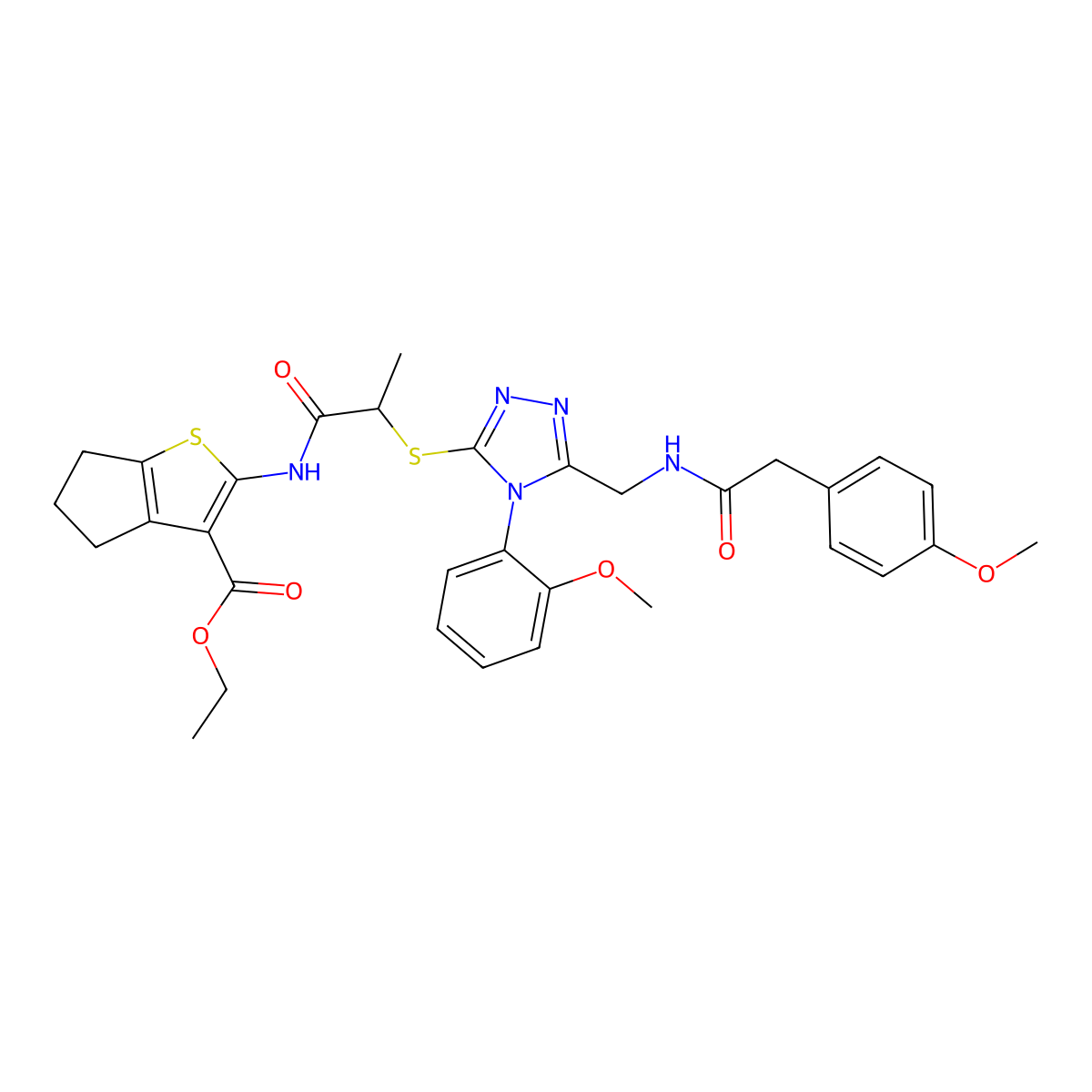 ethyl 2-(2-((4-(2-methoxyphenyl)-5-((2-(4-methoxyphenyl)acetamido)methyl)-4H-1,2,4-triazol-3-yl)thio)propanamido)-5,6-dihydro-4H-cyclopenta[b]thiophene-3-carboxylate molecular structure, CAS 393815-65-1