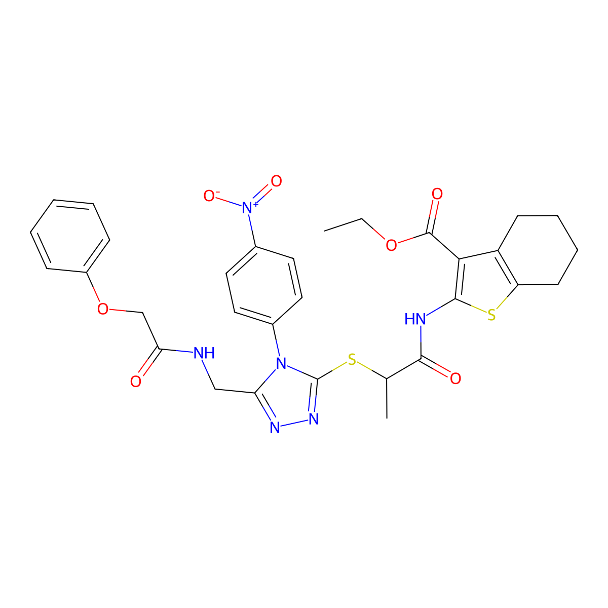 Ethyl 2-[2-[[4-(4-nitrophenyl)-5-[[(2-phenoxyacetyl)amino]methyl]-1,2,4-triazol-3-yl]sulfanyl]propanoylamino]-4,5,6,7-tetrahydro-1-benzothiophene-3-carboxylate molecular structure, CAS 393816-22-3