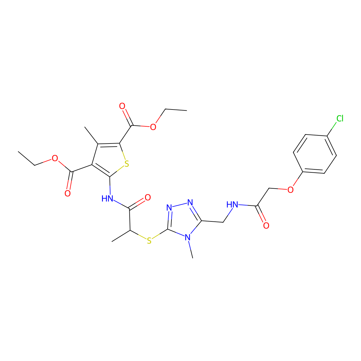 Diethyl 5-[2-[[5-[[[2-(4-chlorophenoxy)acetyl]amino]methyl]-4-methyl-1,2,4-triazol-3-yl]sulfanyl]propanoylamino]-3-methylthiophene-2,4-dicarboxylate molecular structure, CAS 393816-47-2