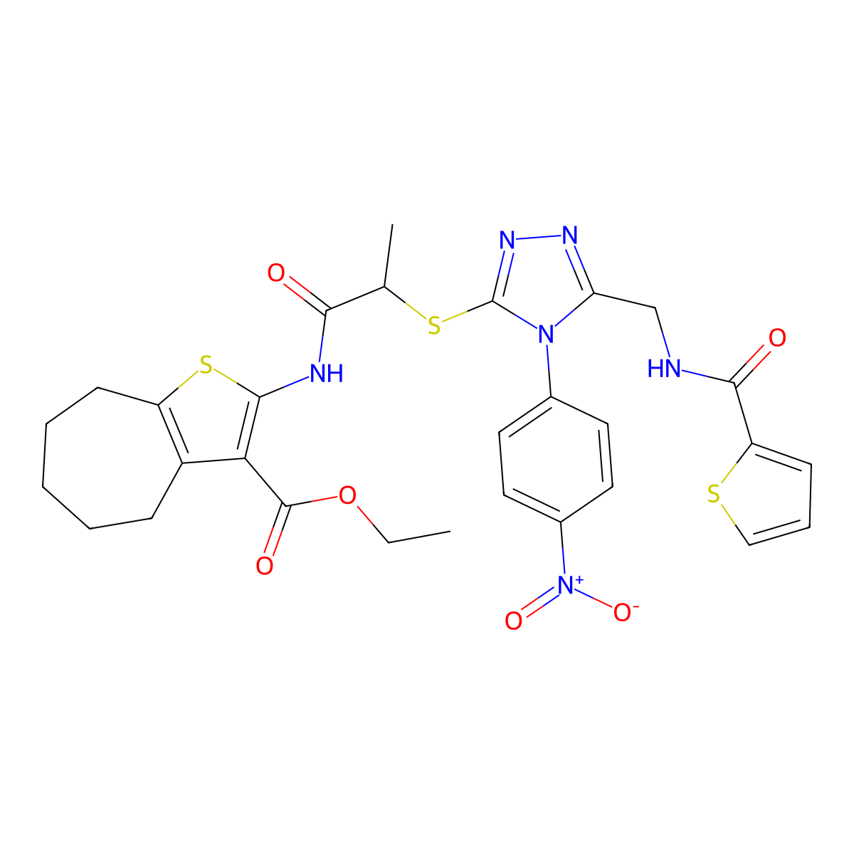 ethyl 2-(2-((4-(4-nitrophenyl)-5-((thiophene-2-carboxamido)methyl)-4H-1,2,4-triazol-3-yl)thio)propanamido)-5,6,7,8-tetrahydro-4H-cyclohepta[b]thiophene-3-carboxylate molecular structure, CAS 393816-74-5