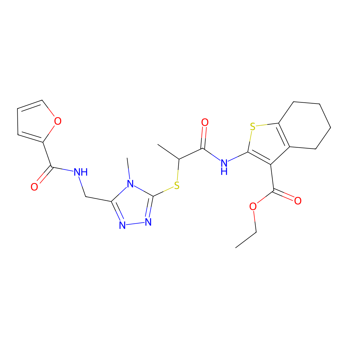 Ethyl 2-[2-[[5-[(furan-2-carbonylamino)methyl]-4-methyl-1,2,4-triazol-3-yl]sulfanyl]propanoylamino]-4,5,6,7-tetrahydro-1-benzothiophene-3-carboxylate molecular structure, CAS 393817-07-7