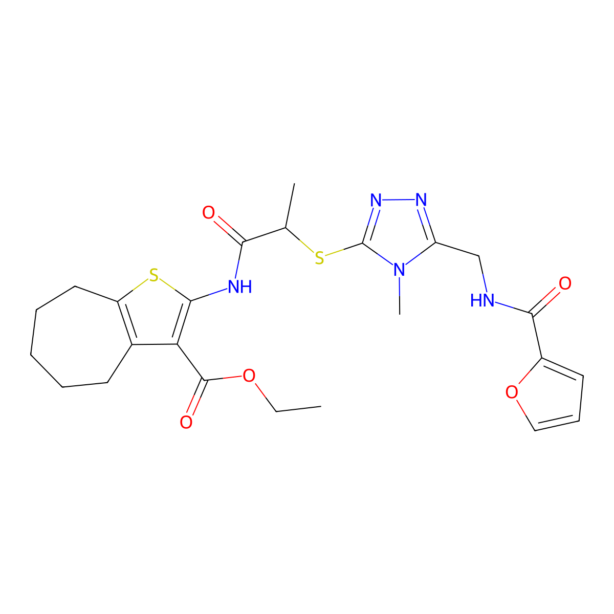 ethyl 2-(2-((5-((furan-2-carboxamido)methyl)-4-methyl-4H-1,2,4-triazol-3-yl)thio)propanamido)-5,6,7,8-tetrahydro-4H-cyclohepta[b]thiophene-3-carboxylate molecular structure, CAS 393817-09-9