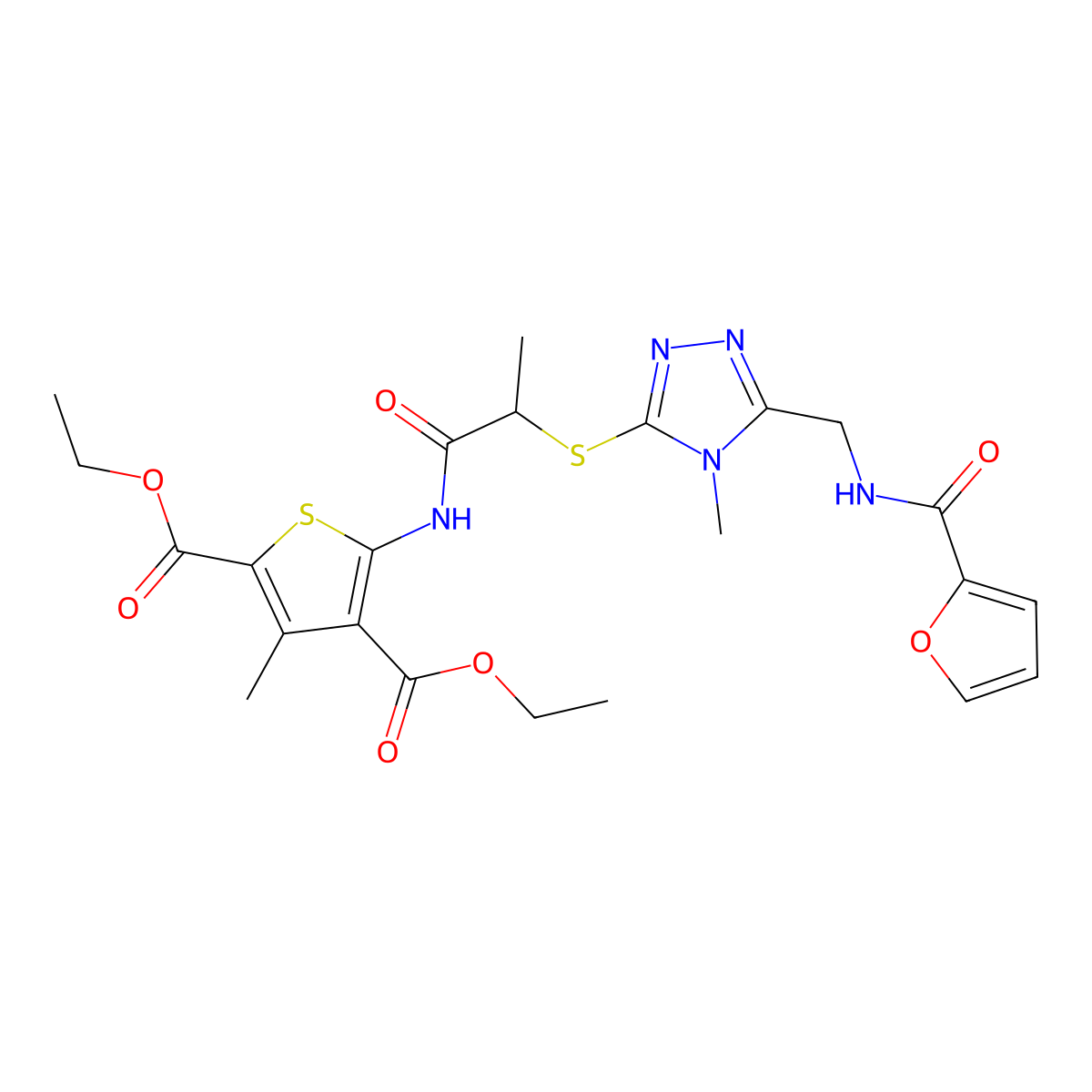 diethyl 5-(2-((5-((furan-2-carboxamido)methyl)-4-methyl-4H-1,2,4-triazol-3-yl)thio)propanamido)-3-methylthiophene-2,4-dicarboxylate molecular structure, CAS 393817-11-3