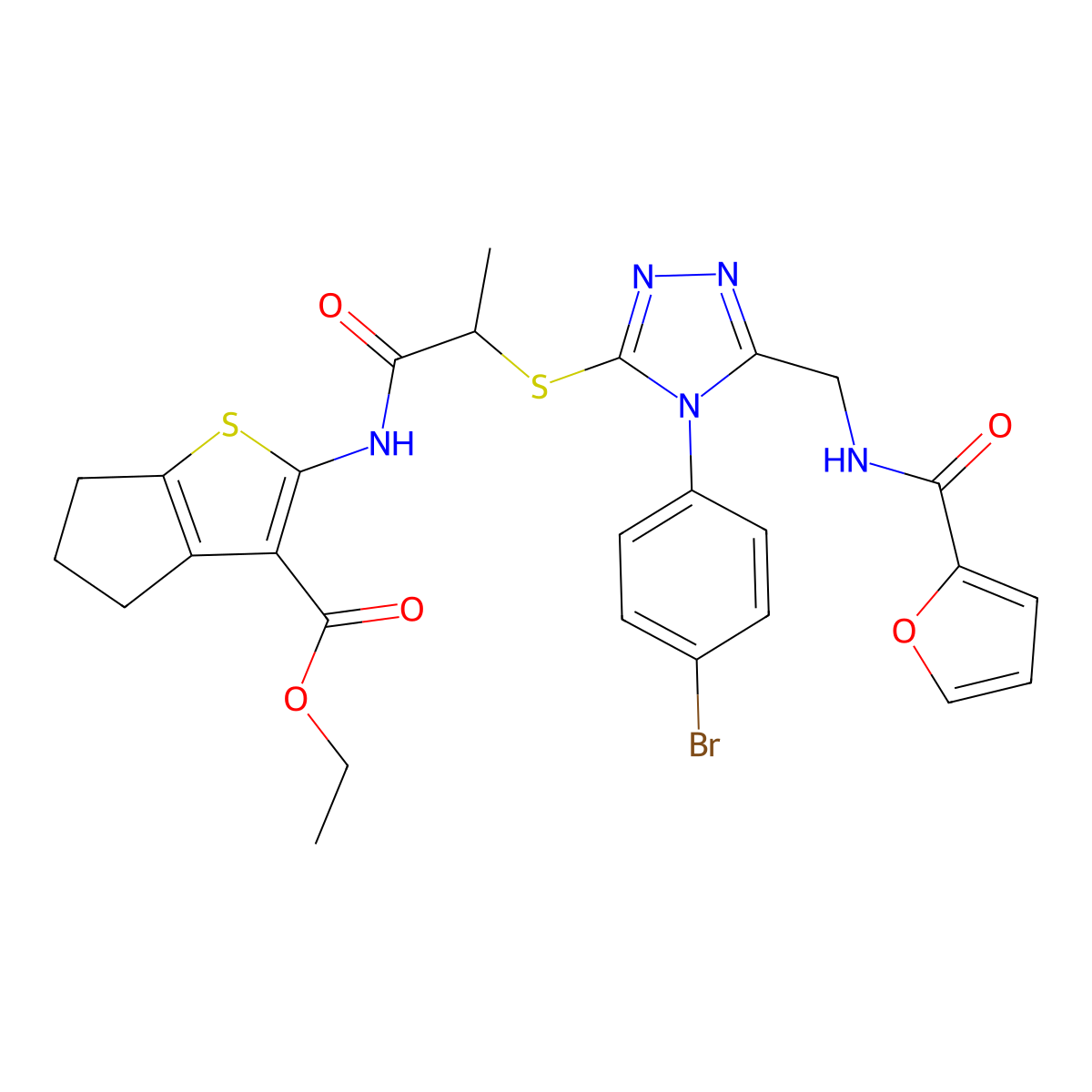 ethyl 2-(2-((4-(4-bromophenyl)-5-((furan-2-carboxamido)methyl)-4H-1,2,4-triazol-3-yl)thio)propanamido)-5,6-dihydro-4H-cyclopenta[b]thiophene-3-carboxylate molecular structure, CAS 393817-13-5