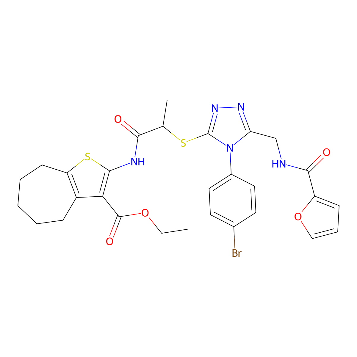 ethyl 2-(2-((4-(4-bromophenyl)-5-((furan-2-carboxamido)methyl)-4H-1,2,4-triazol-3-yl)thio)propanamido)-5,6,7,8-tetrahydro-4H-cyclohepta[b]thiophene-3-carboxylate molecular structure, CAS 393817-14-6