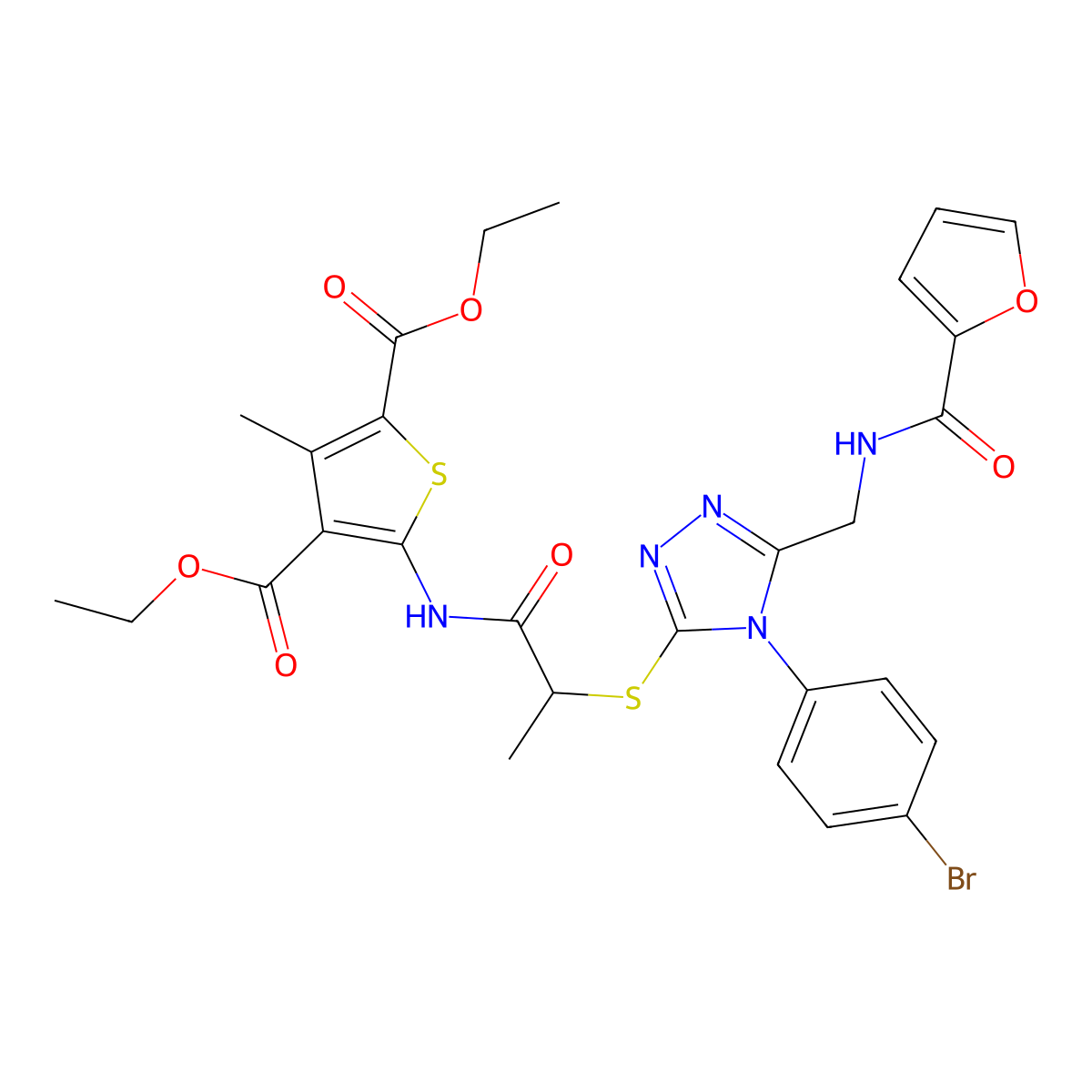 Diethyl 5-[2-[[4-(4-bromophenyl)-5-[(furan-2-carbonylamino)methyl]-1,2,4-triazol-3-yl]sulfanyl]propanoylamino]-3-methylthiophene-2,4-dicarboxylate molecular structure, CAS 393817-15-7