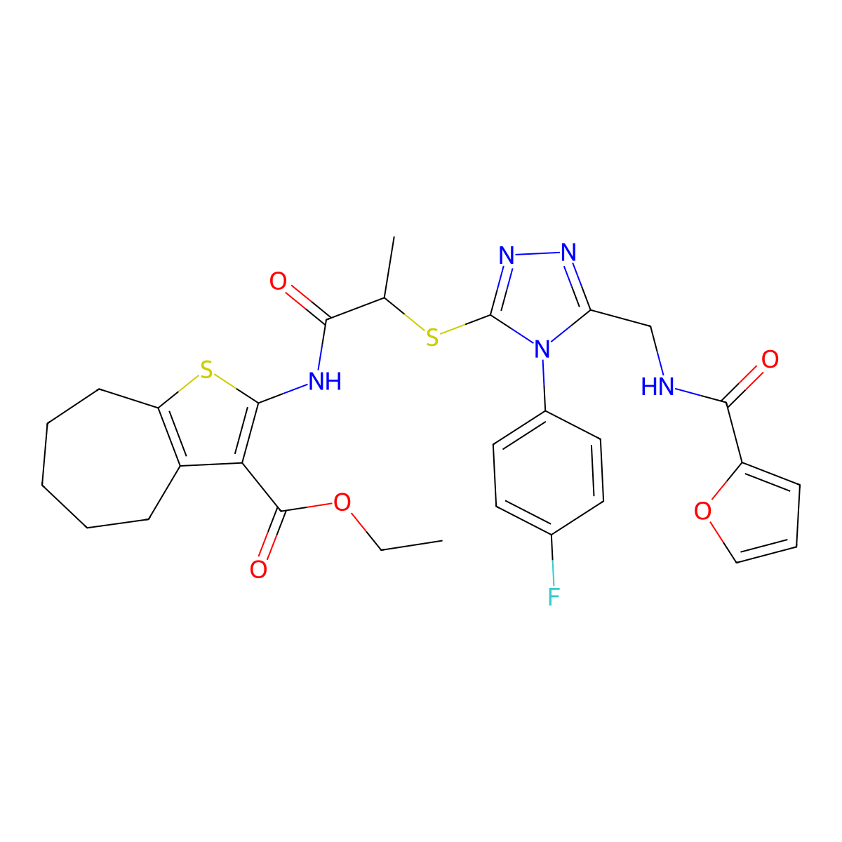ethyl 2-[2-[[4-(4-fluorophenyl)-5-[(furan-2-carbonylamino)methyl]-1,2,4-triazol-3-yl]sulfanyl]propanoylamino]-5,6,7,8-tetrahydro-4H-cyclohepta[b]thiophene-3-carboxylate molecular structure, CAS 393817-18-0