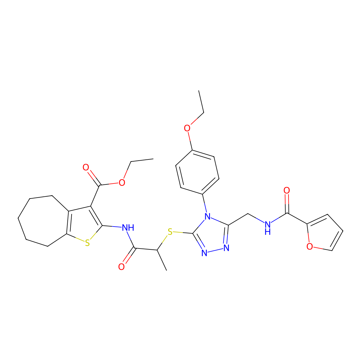 ethyl 2-(2-((4-(4-ethoxyphenyl)-5-((furan-2-carboxamido)methyl)-4H-1,2,4-triazol-3-yl)thio)propanamido)-5,6,7,8-tetrahydro-4H-cyclohepta[b]thiophene-3-carboxylate molecular structure, CAS 393817-22-6