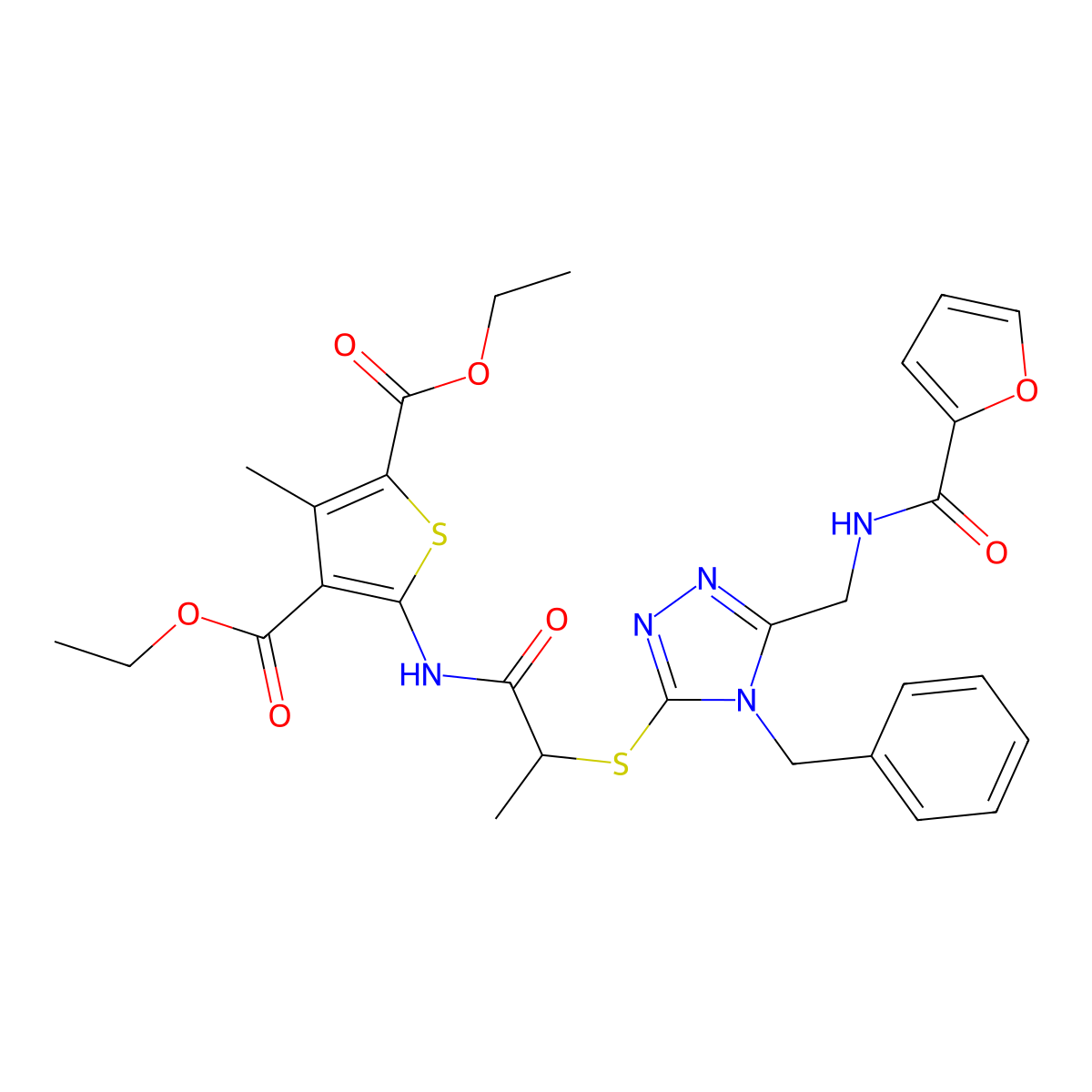 diethyl 5-(2-((4-benzyl-5-((furan-2-carboxamido)methyl)-4H-1,2,4-triazol-3-yl)thio)propanamido)-3-methylthiophene-2,4-dicarboxylate molecular structure, CAS 393817-32-8